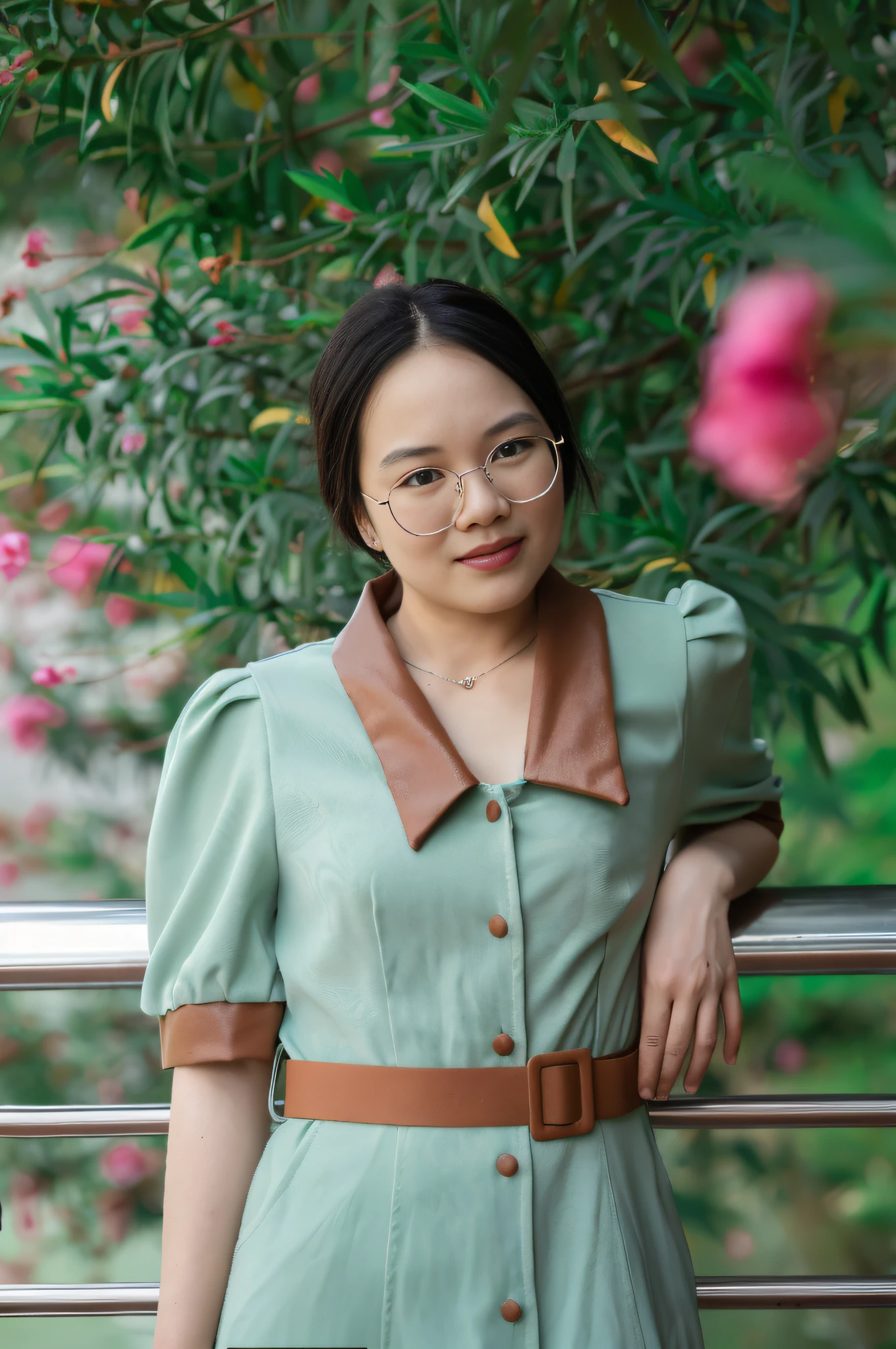 On the railing stood a woman,Wearing a green dress, ,A girl,Gold-rimmed round glasses,Fair skin,ChineseGirl,Translucent,fleshy feeling,watch