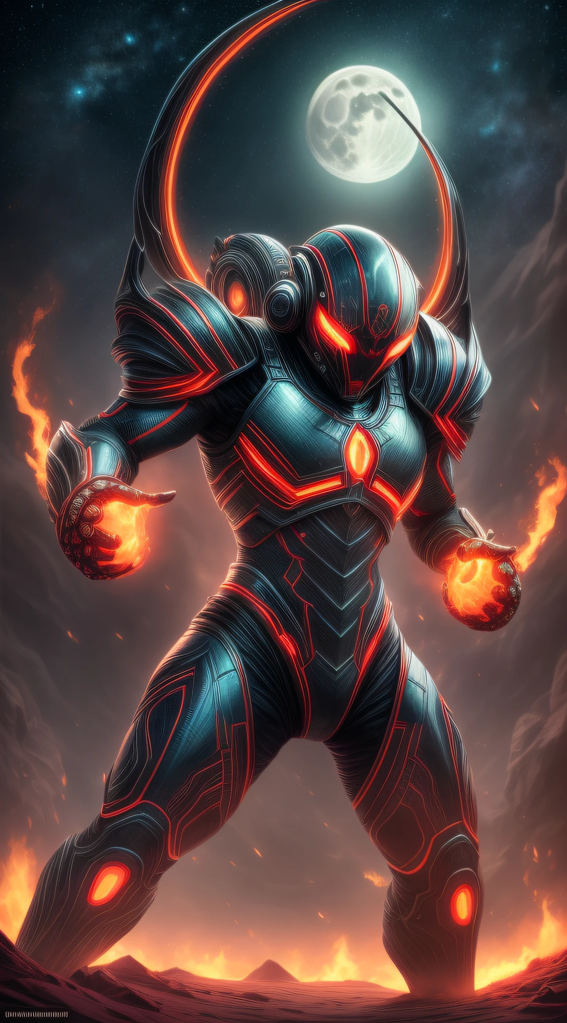 ((masterpiece)), ((best quality)), (ultra-detailed), ((extremely-detailed)), full body, frontal, warrior, fully armored, alien, eyes emitting a deep red glow, eyes emitting a fiery glow, body with intricate tron circuitry, intricately detailed neon lighting, arid desert moonlit background, full moon (full-length portrait:1), award-winning photography, artstation , high quality, 16k,