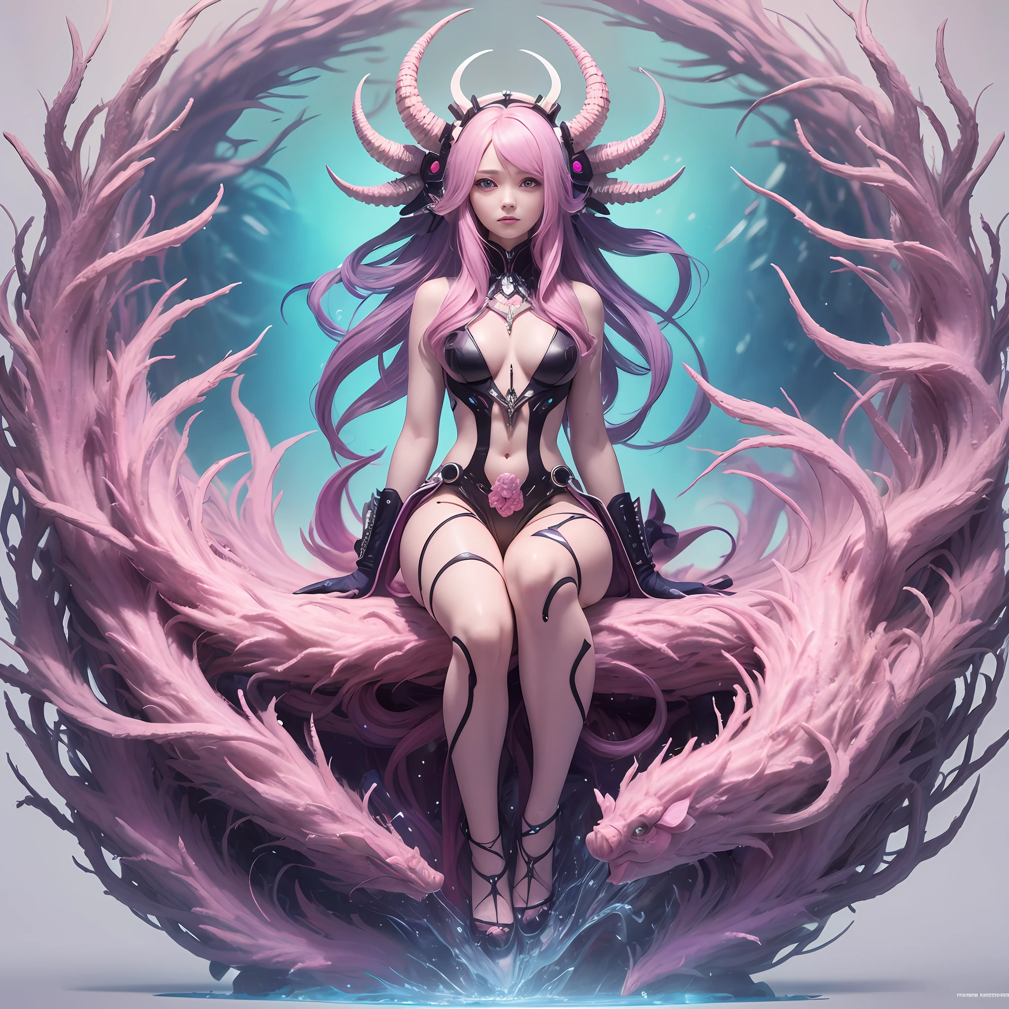 Goddess of artificial intelligence, James jean, annie liebowitz, anime, studio ghibli, beautiful androgynous humanoid velvet worm Hallucigenia, pink-pigmented skin, long purple hair, pastel skin, muted blues, muted colors of pink skin, full body, masmer izing, Photorealistic, Anamorphic lenses, everything in sharp focus, film, sharp focus, polymer, pastel, ternary, dreamcore --ar 4:5 --style raw 50 --s 2