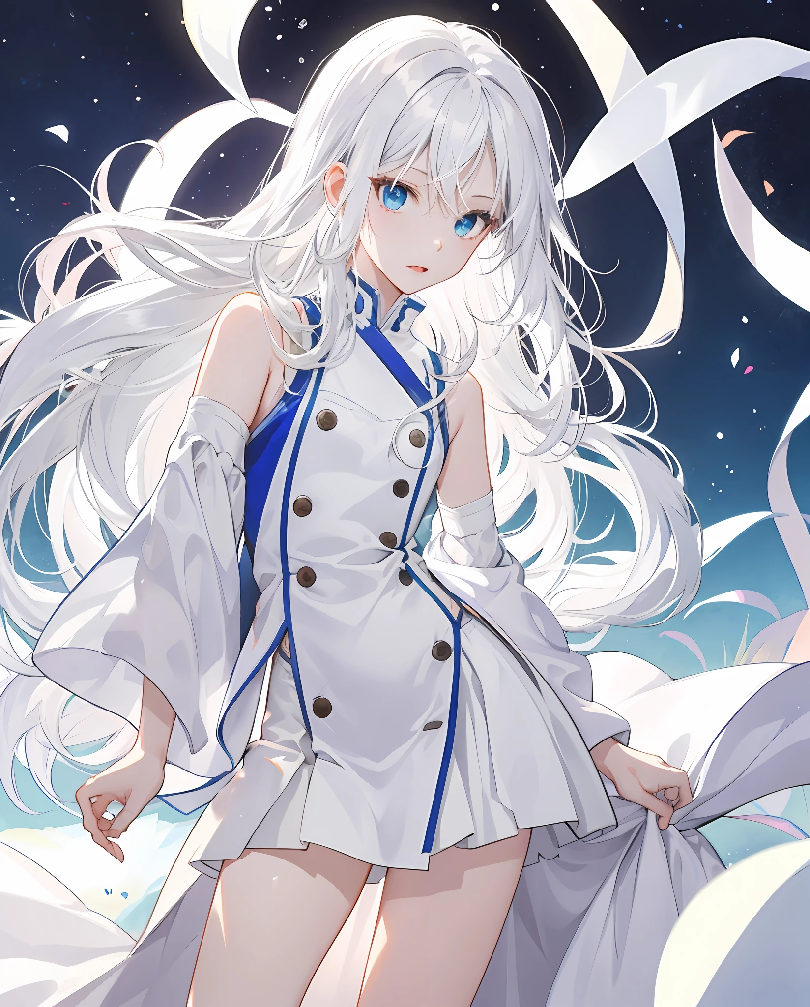 Two-dimensional white hair, white hair, long hair, blue eyes, perfect white long skirt, white silk, holy and pure, flawless little cute, sexy little body, anime white skin, beautiful legs, cartoon long hair, thin legs, small mouth