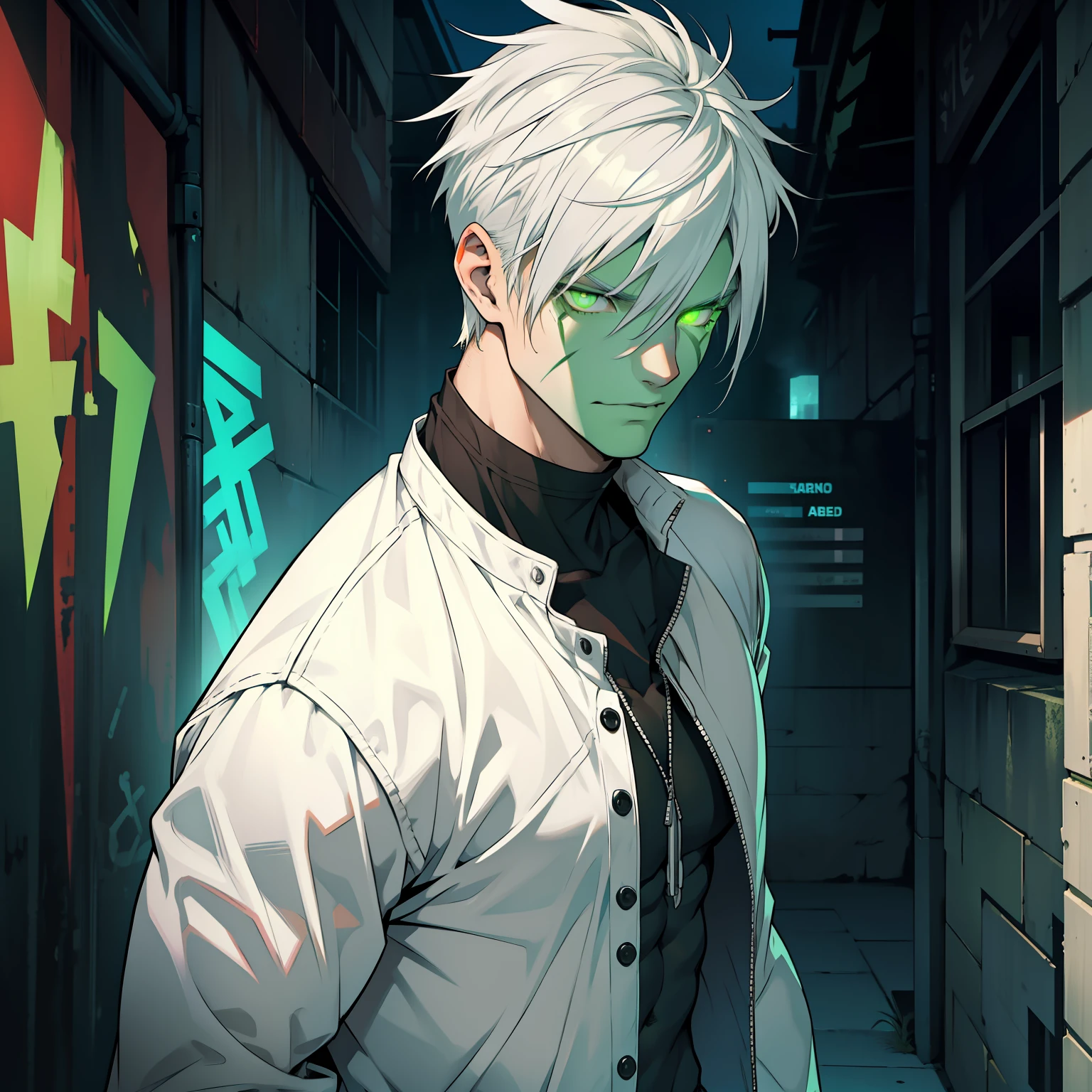(Male:1.3, Attractive:1.2) Zombie with glowing green eyes. Tall, slender, muscular build. (White hair:1.2) styled in a short hairstyle. (Dressed in casual attire:1.1).