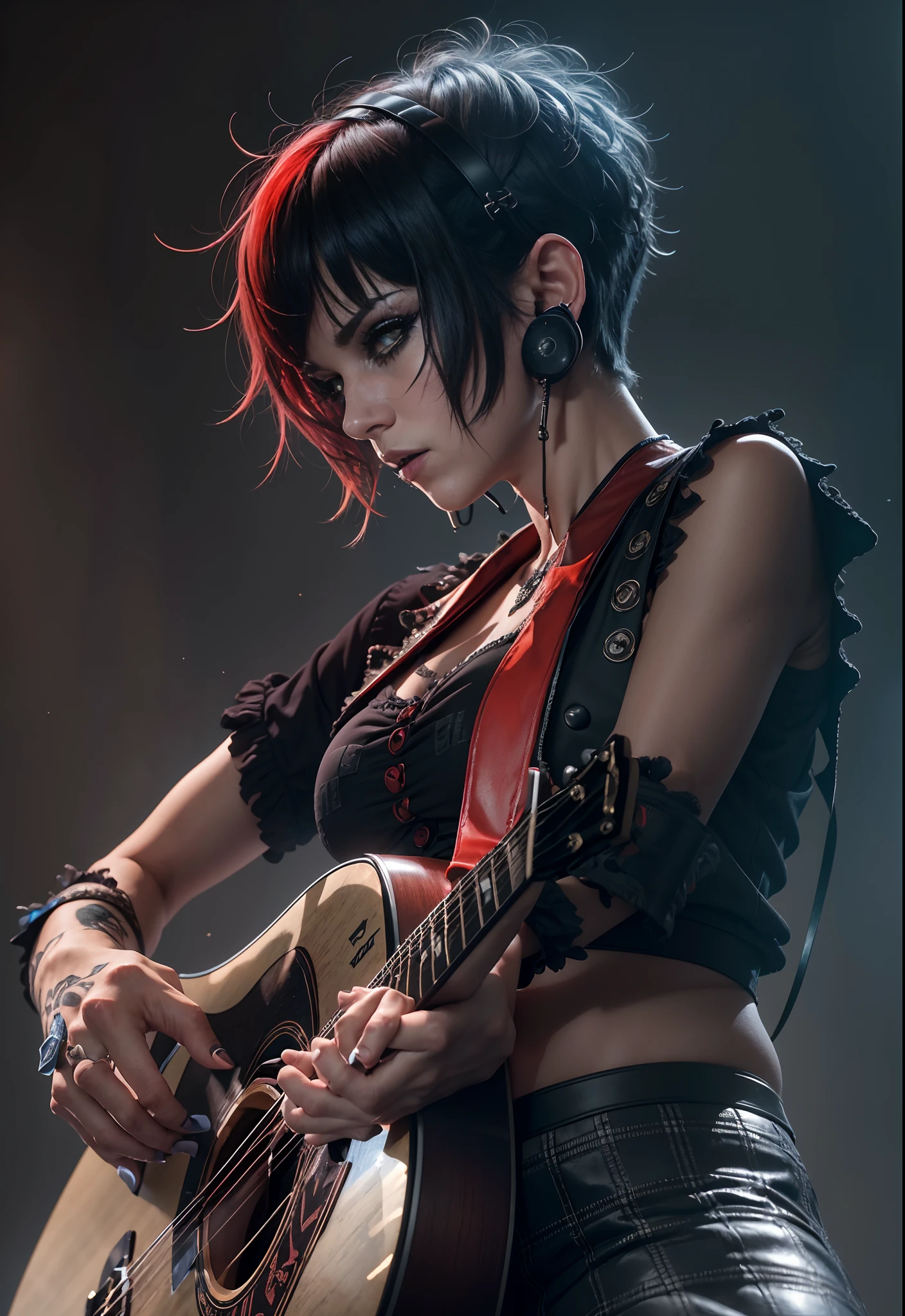 highres, shadows, absurdres, best_quality, ultra_detailed, 8k, extremely_clear, photograph, beautiful, sharp focus, hdr, full body shot 
A sexy punk rock singer woman with blue short hair and symmetrical teary eyes holds a guitar and sings into headphones, (mature face:1.4), (black eyeliner:1.4), wearing a red punk skirt skirt, with a dynamic angle, captured in a high-detailed cowboy shot, exuding a melancholy emotion, featuring soothing tones and a contrasting mix of light and shadow, all while emphasizing the subject's hair, eyes, mouth, and action in a composition that is both pleasing to the eye and thought-provoking.