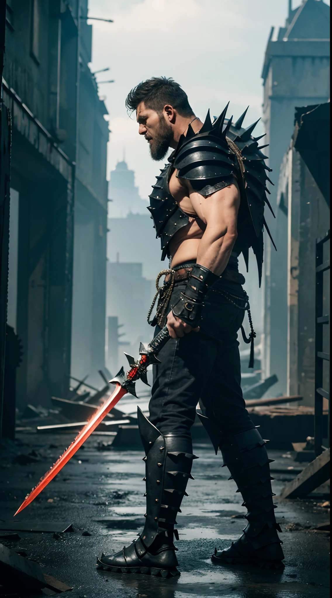 full body side view picture of Evil giant , Very tall , Huge muscles , without shirt , on shoulders big spiked armor , low body armor with torn red pants , his body is full of scares from battles, huge spiked helmet , in one hand he holds long chain with spikes , the second hand holding huge sword , scary , Giant monster , Masterpiece ,4k , Realistic, Best quality, Highest resolution, Huge image size ,