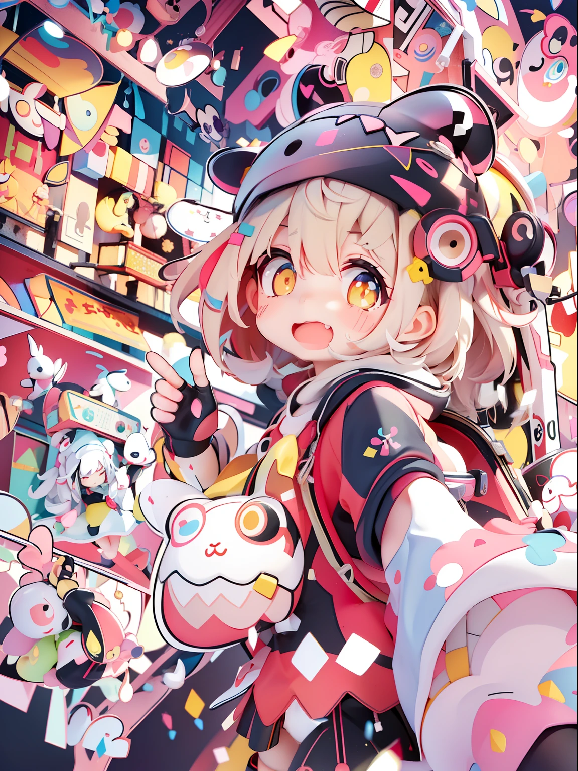 (Anime girls wear red and black hoodies, white, Pink, yellow, Blue confetti on hood, In the style of cute cartoon-like design, Electrical color scheme, Dark white and dark bronze, Vivid color scheme, Happy Expressionism, 20mp, Dynocore), (Anime panda girl in hoodie on camera, In the style of colorful mosaics, nightcore, Hard Edge Painting, Pattern Expansion, flickr, Cute and colorful, close-up), (While a small confetti is pouring out、Girl showing index and middle fingers, In a cute art style, Philip Pantone, nightcore, shilin huang, Vivid color scheme, Dark white and dark bronze, Hi-Vision Ministry of Defense), (Girl in panda bear hoodie makes face, In the style of a colorful palette, nightcore, shilin huang, zigzag, uhd image, Aztec art, shiny)