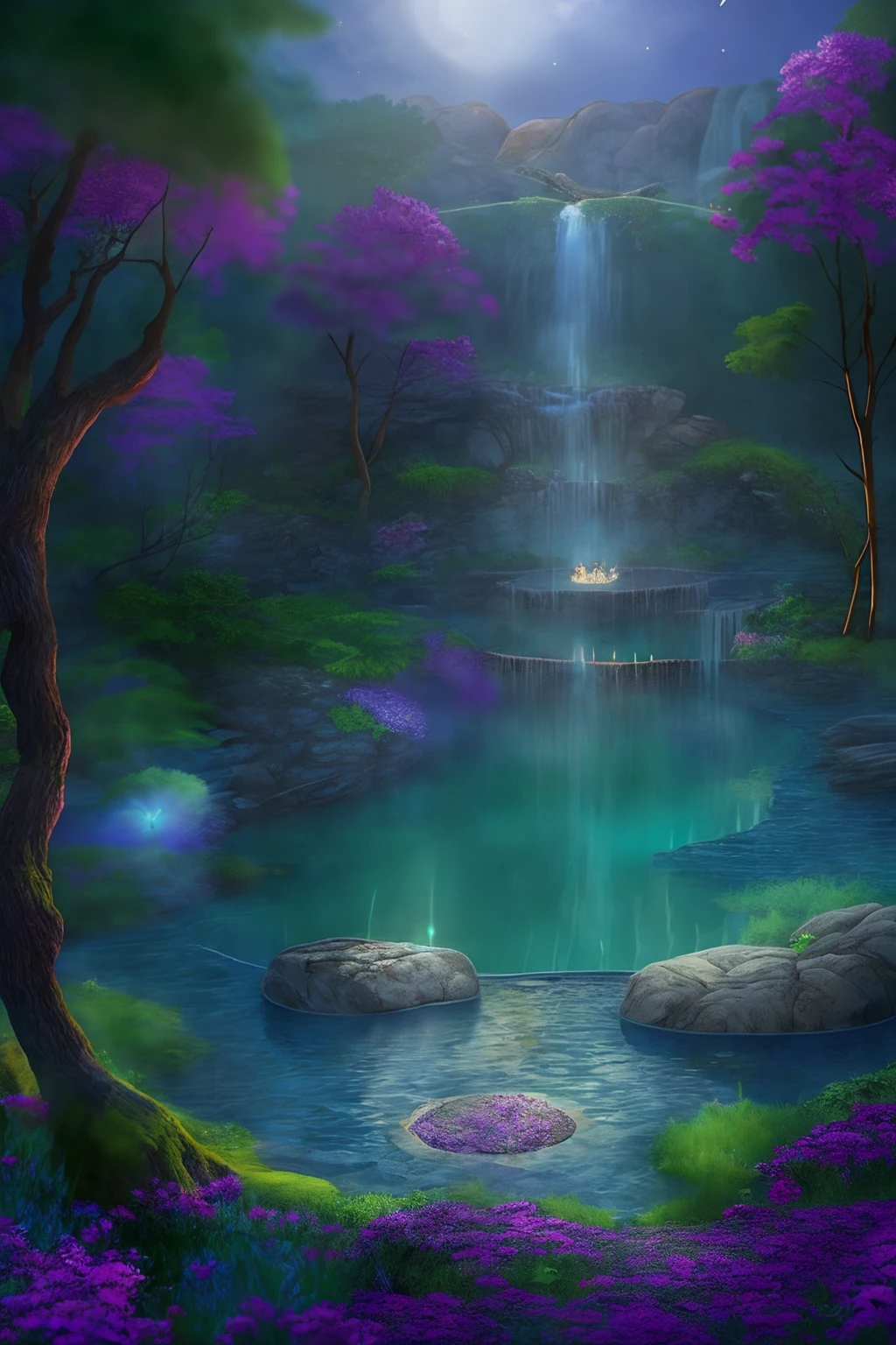 (((masterpiece))) Generate a beautiful secluded (((natural hotspring))) with fantasy and teal water ((at night)). The ((naturally occurring)) hotspring is the main focal point of the image and dominates the space. The hotspring is large and vaguely circular and is surrounded by interesting rocks and other natural accents. Including floating lights, fantasy shimmer, fantasy glimmer, fantasy colors, and a heavy fantasy forest setting. The ambience is tranquil and serene with slightly mysterious fog. This artwork is of the highest quality and mimics current masters of the genre as well as utilizing top trends from platforms like Midjourney and ArtStation. This is a very interesting and beautiful fantasy image. Include iridescence, complex details, and magical details. (Official movie art)