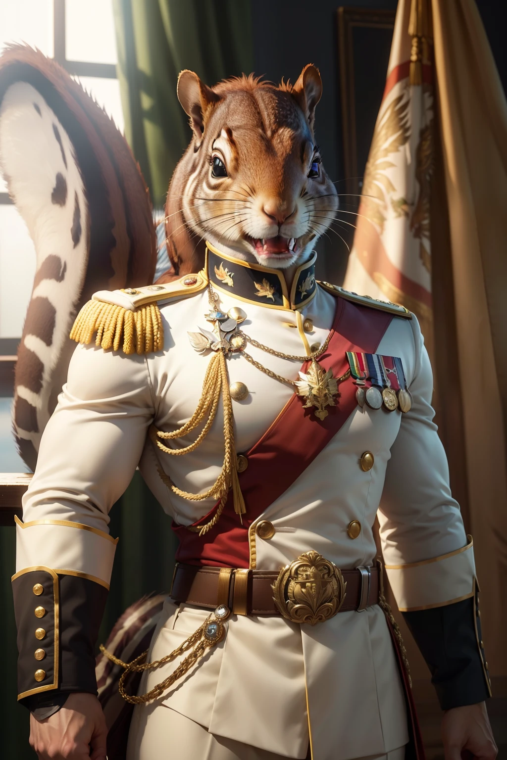 (masterpiece, high image quality), (angry, muscular squirrel), (wearing white military officer's uniform),( squirrel head), (gold trim on costume), (medals on chest), (rank symbol on arm), in the background the flag of Brazil