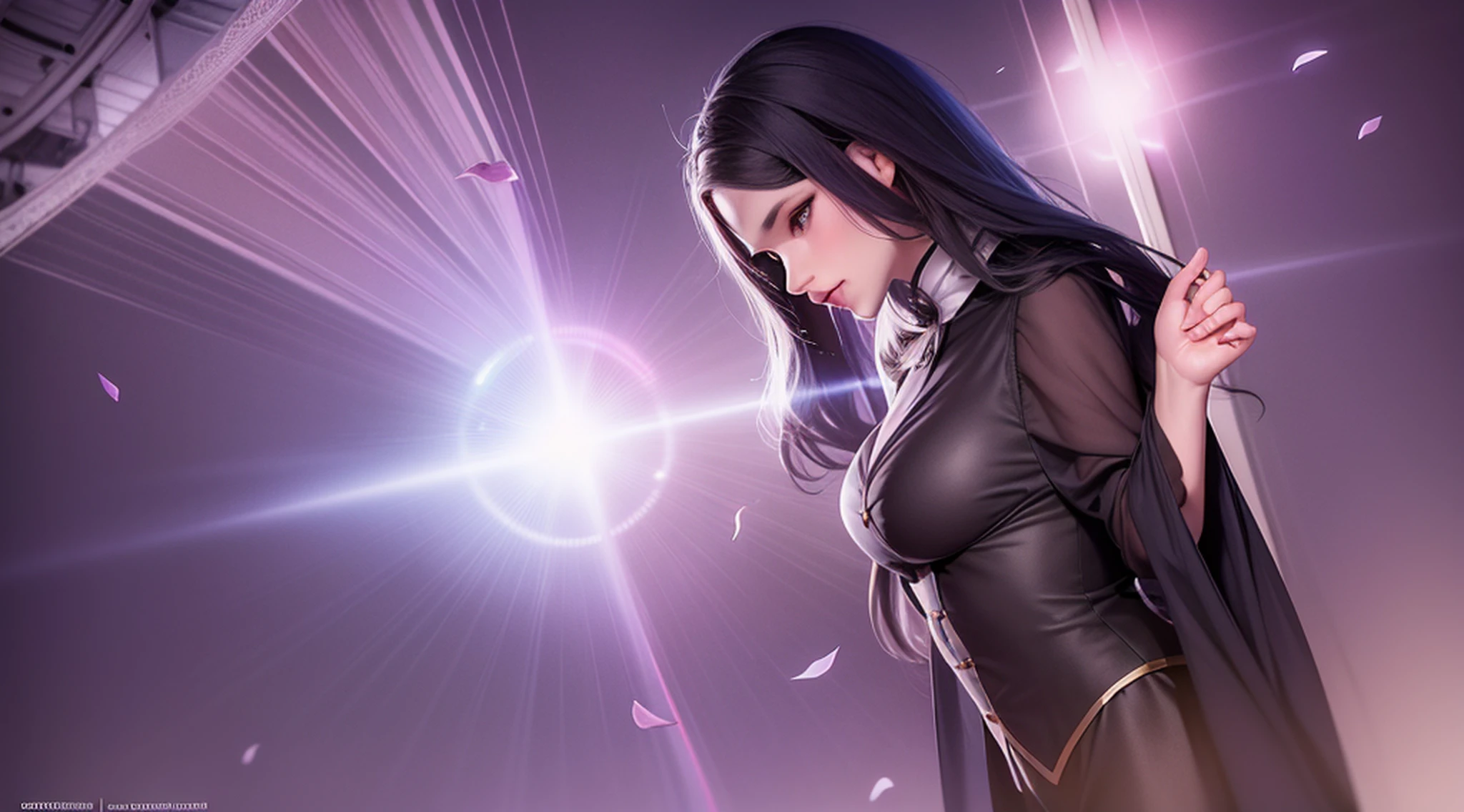 A female dracula (peitos pequenos, cabelos azul-escuros), obra-prima, melhor qualidade, (papel de parede CG unity 8k extremamente detalhado), (melhor qualidade), (best illustration), (melhor sombra), absurdos, lifelike lighting, (Abyss), lindo brilho detalhado, pose natural, de corpo inteiro, standingn, petals falling, interior, fanning, lanterna, 16K, HDR, highres, campo de profundidade, (grain of film: 1.1), boken, hora dourada, (lens flare), vinheta, rainbowart, (color classification: 1.5)