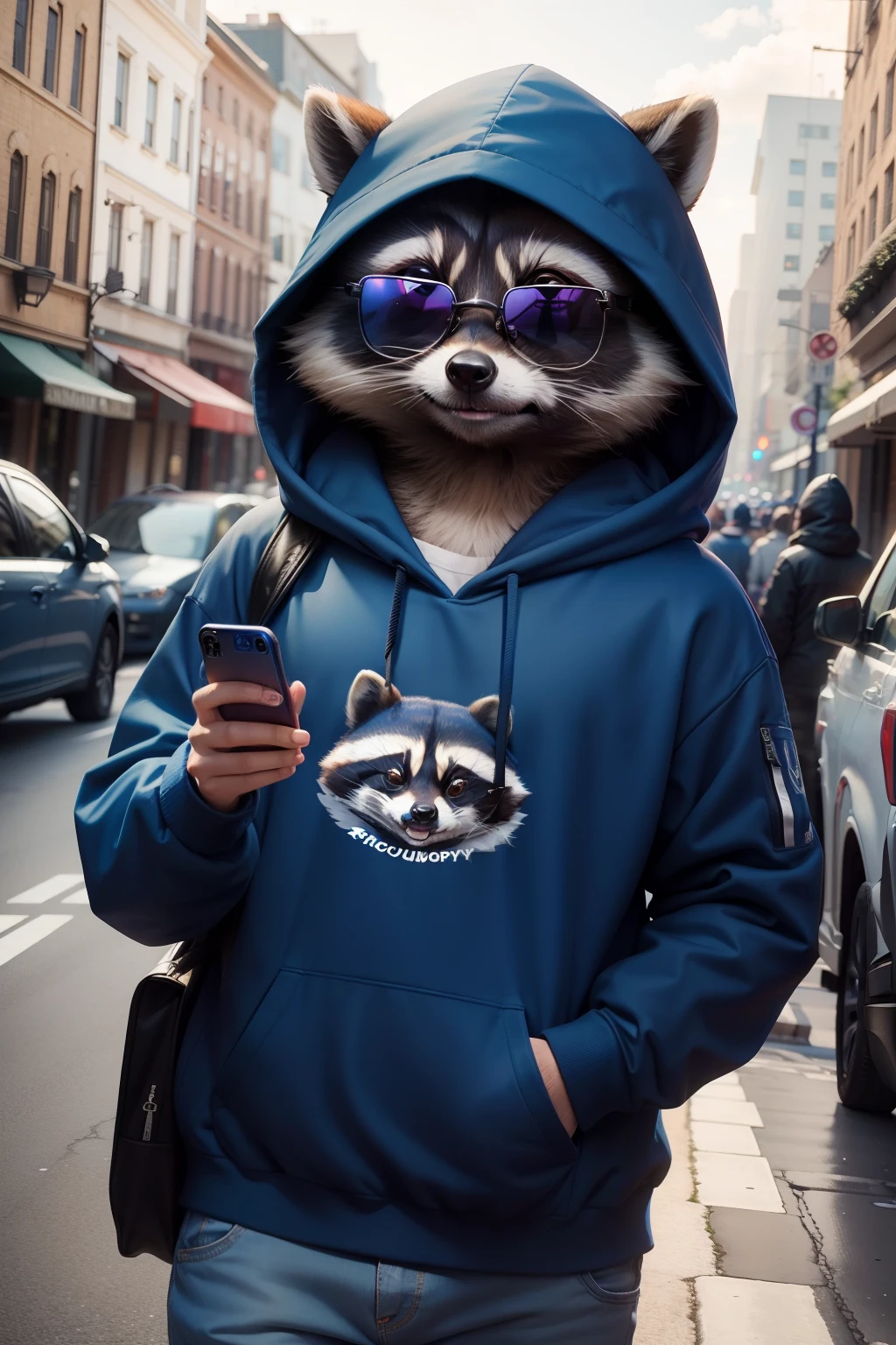 tuffed raccoon Rocky Racon, big blue sweatshirt wearing hood, ultra realistic, looking from front, alone, in sunglasses, holding cellphone, cute, friendly, standing, smiling, happy 4k