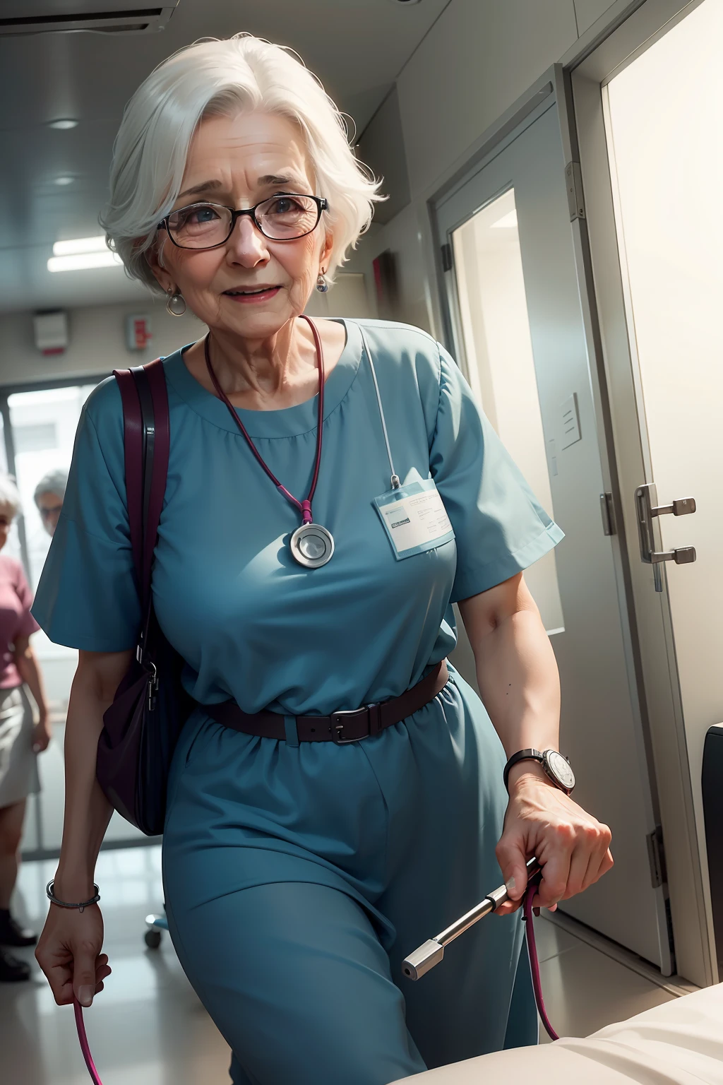 Make a 70-year-old woman in the hospital being attended to by doctors and nurses in the room she is happy. Generate a high-resolution image, 8k fullhd.