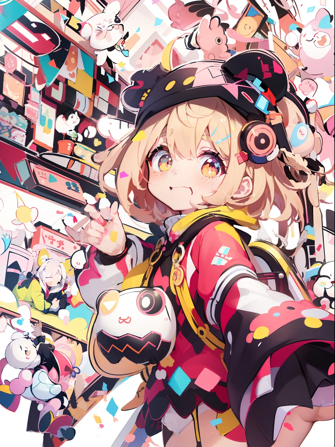 (Anime girls wear red and black hoodies, white, Pink, yellow, Blue confetti on hood, In the style of cute cartoon-like design, Electrical color scheme, Dark white and dark bronze, Vivid color scheme, Happy Expressionism, 20mp, Dynocore), (Anime panda girl in hoodie on camera, In the style of colorful mosaics, nightcore, Hard Edge Painting, Pattern Expansion, flickr, Cute and colorful, close-up), (While a small confetti is pouring out、Girl showing index and middle fingers, In a cute art style, Philip Pantone, nightcore, shilin huang, Vivid color scheme, Dark white and dark bronze, Hi-Vision Ministry of Defense), (Girl in panda bear hoodie makes face, In the style of a colorful palette, nightcore, shilin huang, zigzag, uhd image, Aztec art, shiny)