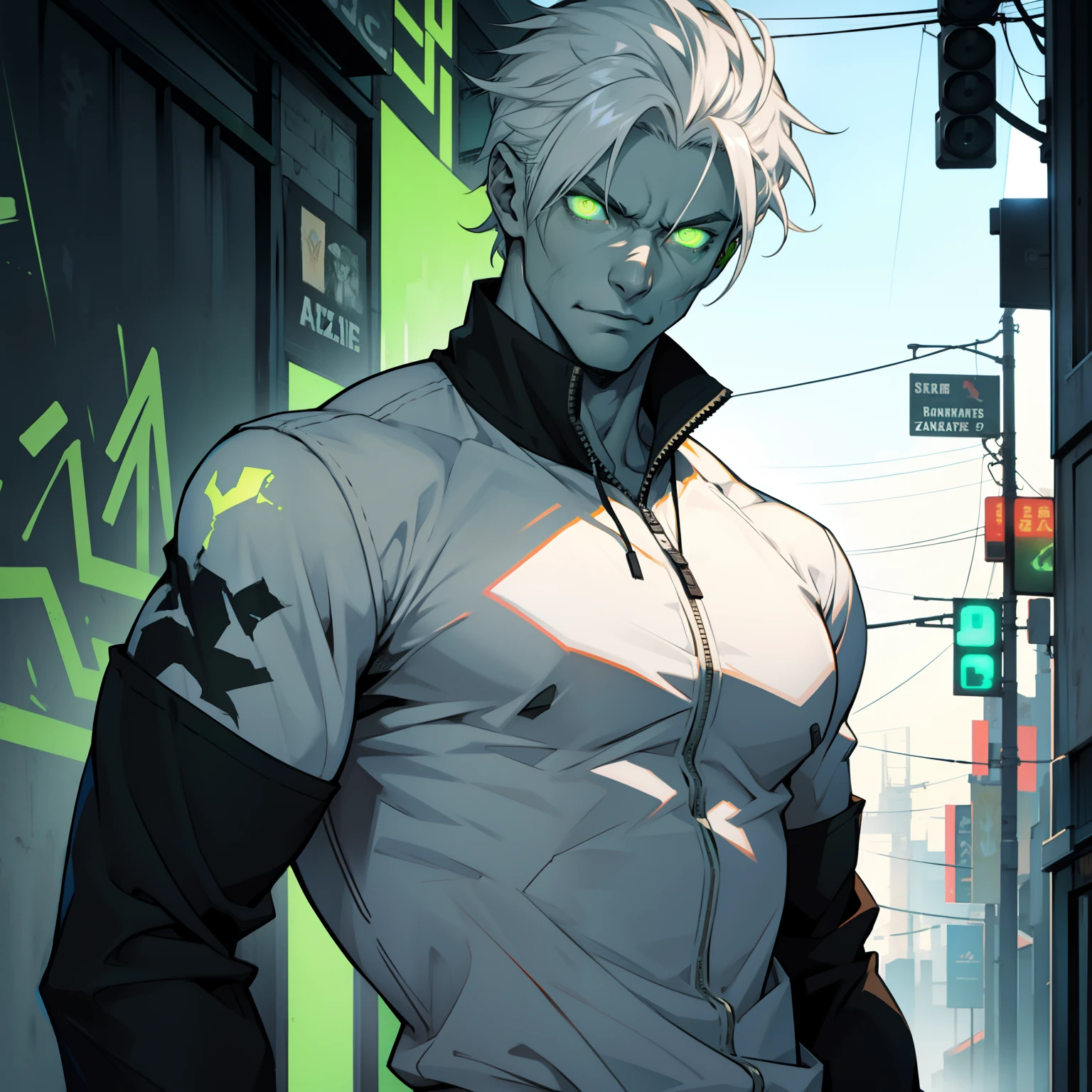 Male. Attractive zombie with glowing green eyes. Tall, slender, muscular build. White hair styled in a short hairstyle. Dressed in casual attire.