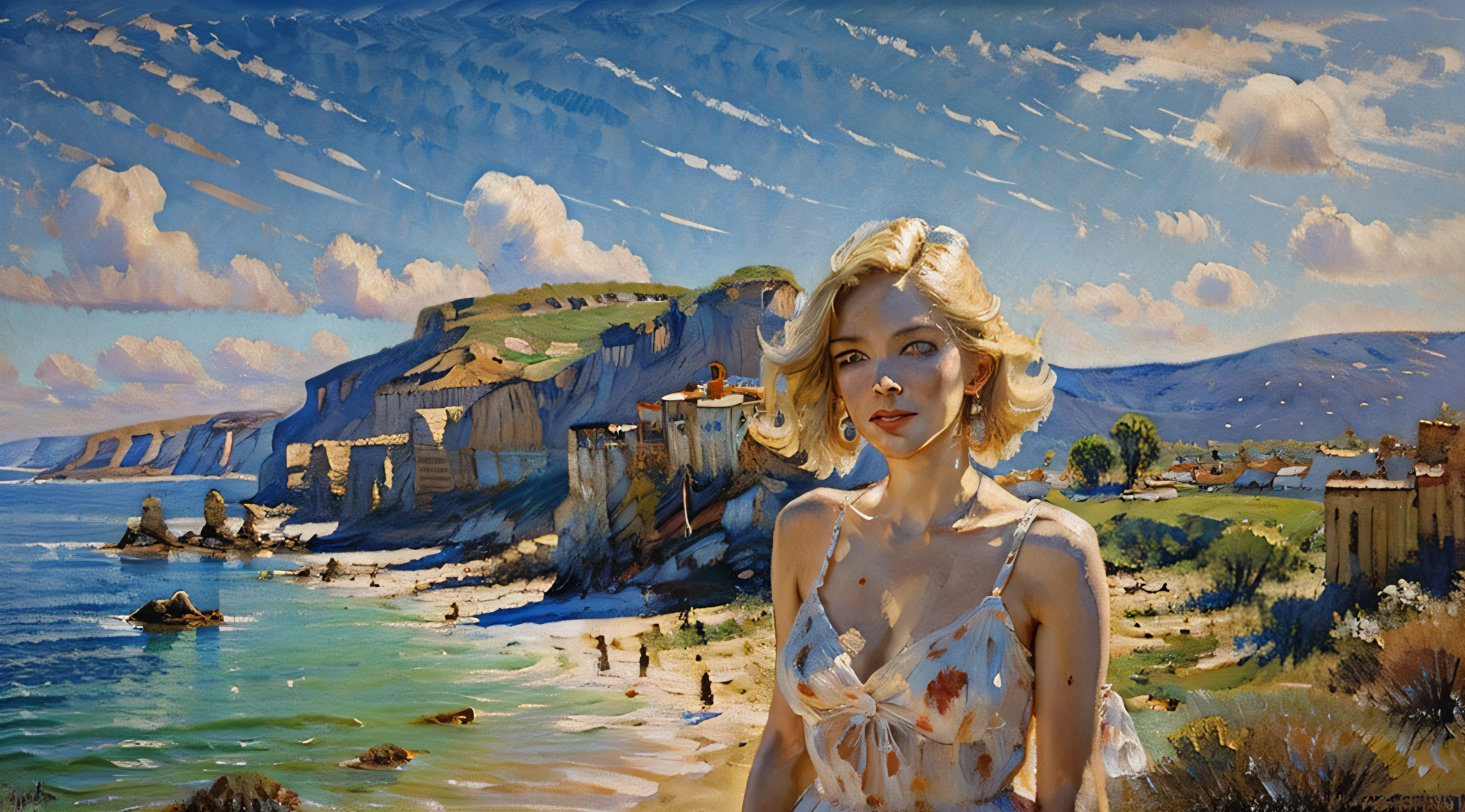 Beautiful white woman, blond hair, blue eyes, red lips,  blue sky in  Background,  head and shoulders portrait, dynamic lighting, intricately detailed,  triadic colors, volumetric lighting, oil on canvas, oil painting by James Gurney, oil painting, acrylic painting, palette knife, watercolor, muted color, golden hour