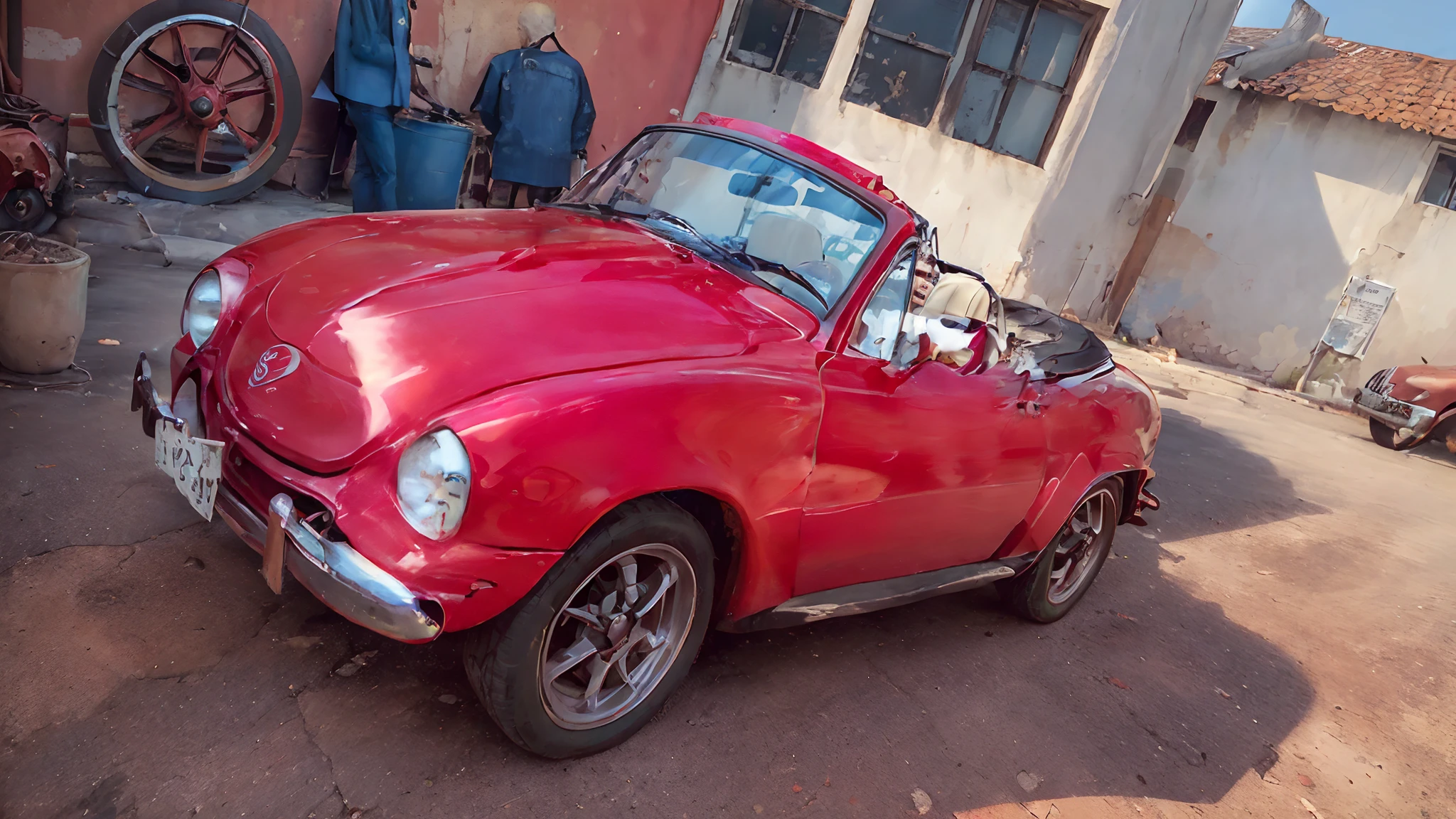 There is a red car parked in front of a building, besouro, convertible, classic car, Inspirado no besouro, capota macia, carro vermelho, convertible, classic cars, Restaurado, carro vintage, Roadster, Directed by: Edward Corbett, Destaque, 1961", Speedster, perfil frontal, cool looking, vista completa de um carro, escaravelho, Frente cheia