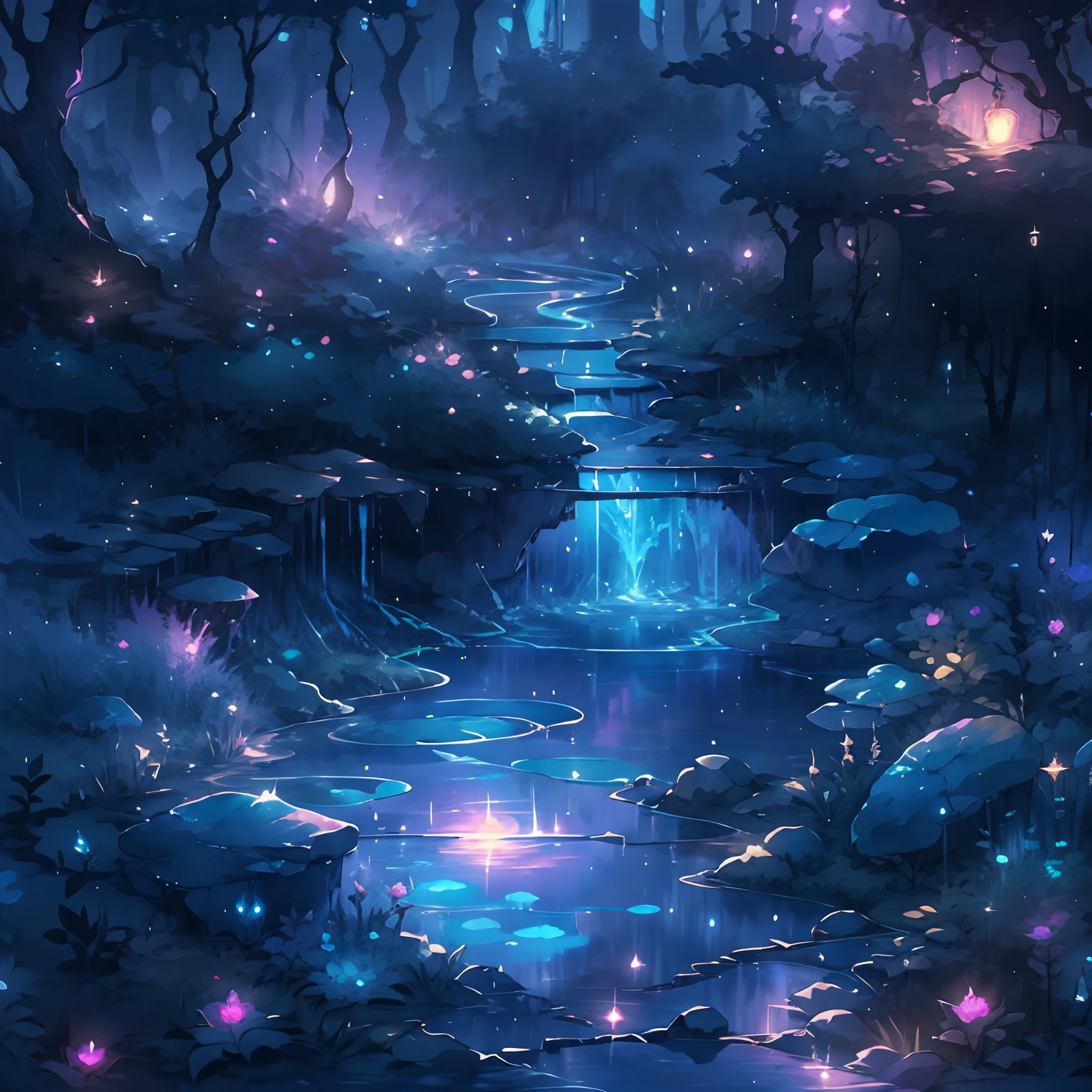 (((masterpiece))) Generate a beautiful secluded (((natural hotspring))) with fantasy and teal water ((at night)). The ((naturally occurring)) hotspring is the main focal point of the image and dominates the space. The hotspring is large and vaguely circular and is surrounded by interesting rocks and other natural accents. The hotspring is ((hidden)) and (secluded). The sky is dark blue and the lighting is intimate. Include floating lights, fantasy shimmer, fantasy glimmer, fantasy colors, and a heavy fantasy forest setting. The ambience is tranquil and serene with slightly mysterious fog. This artwork is of the highest quality and mimics current masters of the genre as well as utilizing top trends from platforms like Midjourney and ArtStation. This is a very interesting and beautiful fantasy image. Include iridescence, complex details, and magical details. (Official movie art), night time, nighttime, at night, midnight, wild background, lush natural background,