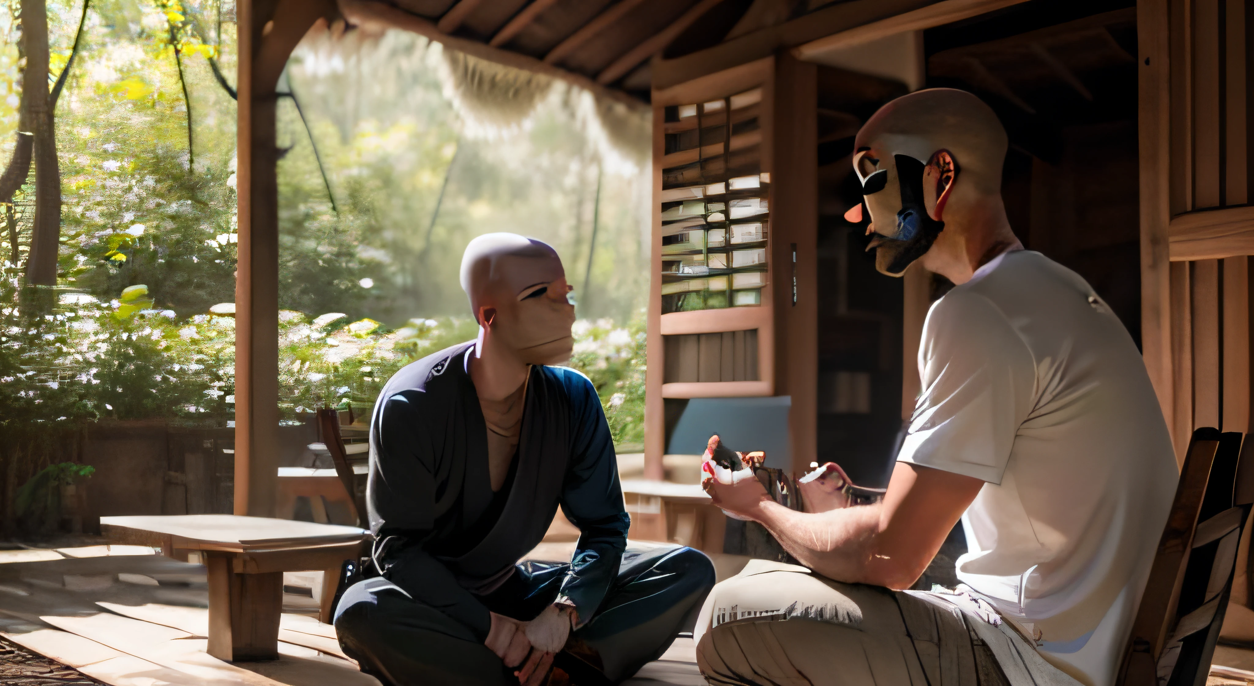 monge budista careca meditando e conversando com jovem homem de cabelo na floresta, cabana