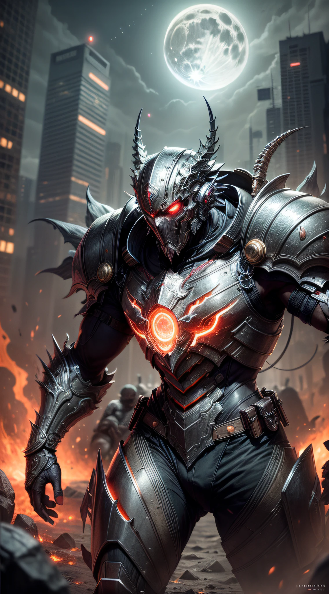 ((masterpiece)), ((best quality)), (ultra-detailed), ((extremely-detailed)), ((1Man)), full body, frontal, warrior, fully armored, mythological, eyes emitting a deep red glow, eyes emitting a glowing fire, body with intricate tron circuitry, intricately detailed neon lighting, barren moonlit desert background, full moon (full body portrait: 1), award winning photography, artstation, high quality, 16k,