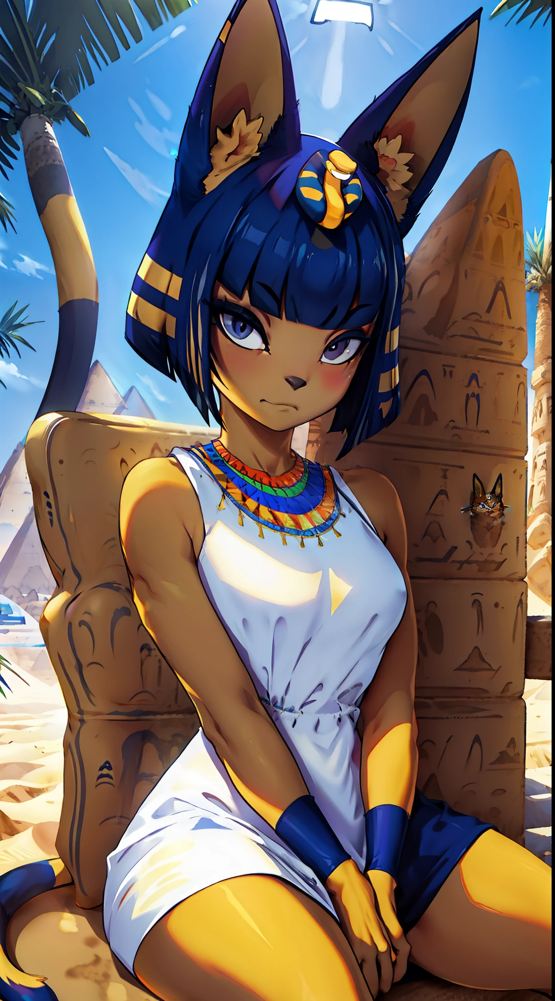 masterpiece, best quality, ultra-detailed, illustration, epic lighting, cinematic composition, 1girl, catgirl, ankha (animal crossing), yellow skin, cat tail, cat ears, short blue hair, bangs, white dress, sitting, (from below:1.1), cowboy shot, expressionless, (looking at viewer:1.1), outdoors, desert, sand, oasis, palm trees, river, pyramid, (8k:1.1)