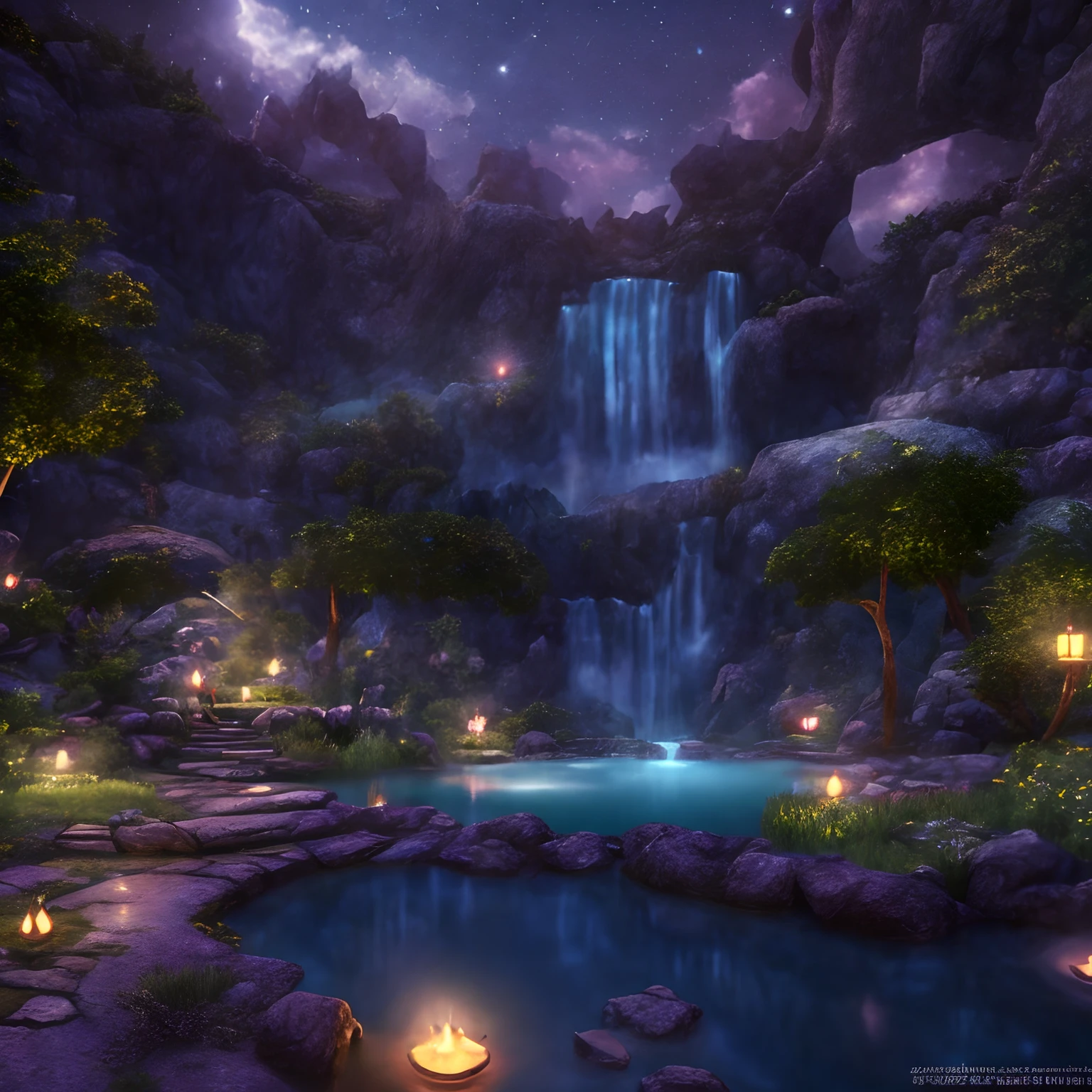 (((masterpiece))) Generate a beautiful secluded (((natural hotspring))) with fantasy and teal water ((at night)). The ((naturally occurring)) hotspring is the main focal point of the image and dominates the space. The hotspring is large and vaguely circular and is surrounded by interesting rocks and other natural accents. Including floating lights, fantasy shimmer, fantasy glimmer, fantasy colors, and a heavy fantasy forest setting. The ambience is tranquil and serene. This artwork is of the highest quality and mimics current masters of the genre as well as utilizing top trends from platforms like Midjourney and ArtStation. This is a very interesting and beautiful fantasy image. Include iridescence, complex details, and magical details. (Official movie art), CGI, high quality, best quality, unity, unreal engine