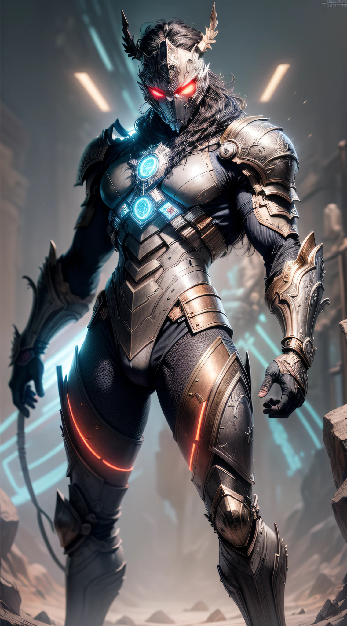 ((masterpiece)), ((best quality)), (ultra-detailed), ((extremely-detailed)), ((1Man)), full body, frontal, warrior, fully armored, mythological, eyes emitting a deep red glow, eyes emitting a glowing fire, body with intricate tron circuitry, intricately detailed neon lighting, barren moonlit desert background, full moon (full body portrait: 1), award winning photography, artstation, high quality, 16k,