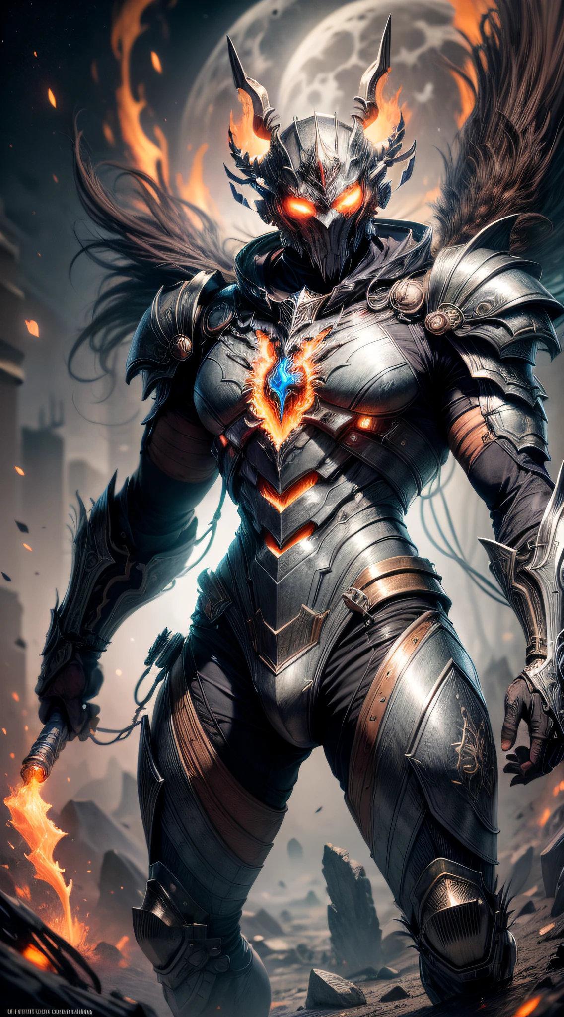 ((masterpiece)), ((best quality)), (ultra-detailed), ((extremely-detailed)), ((1Man)), full body, frontal, warrior, fully armored, mythological, eyes emitting a deep red glow, eyes emitting a glowing fire, body with intricate tron circuitry, intricately detailed neon lighting, barren moonlit desert background, full moon (full body portrait: 1), award winning photography, artstation, high quality, 16k,