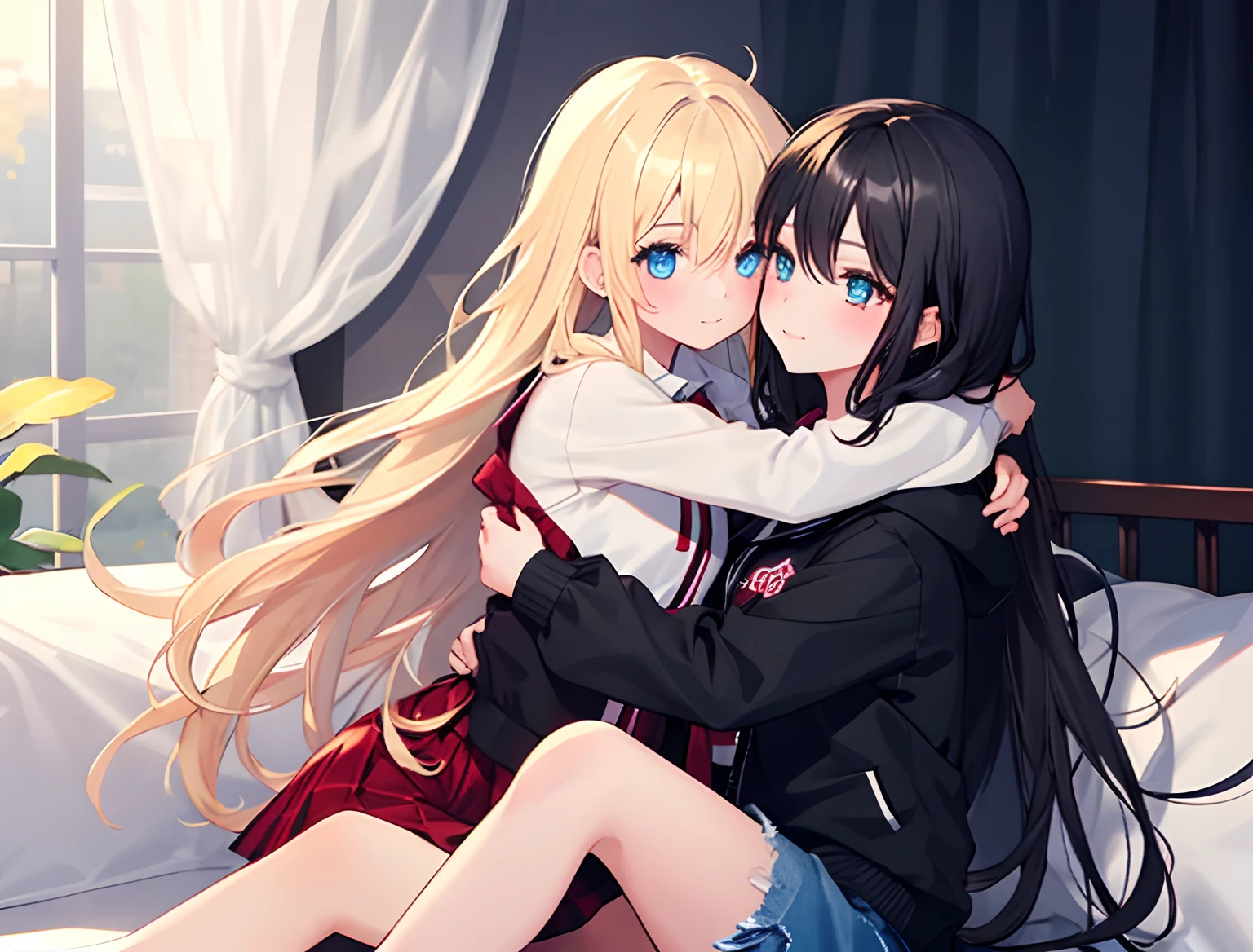 2girls,Girl1:,adolable,black color hair,long whitr hair,girl 2:golden hair,long whitr hair,hugs