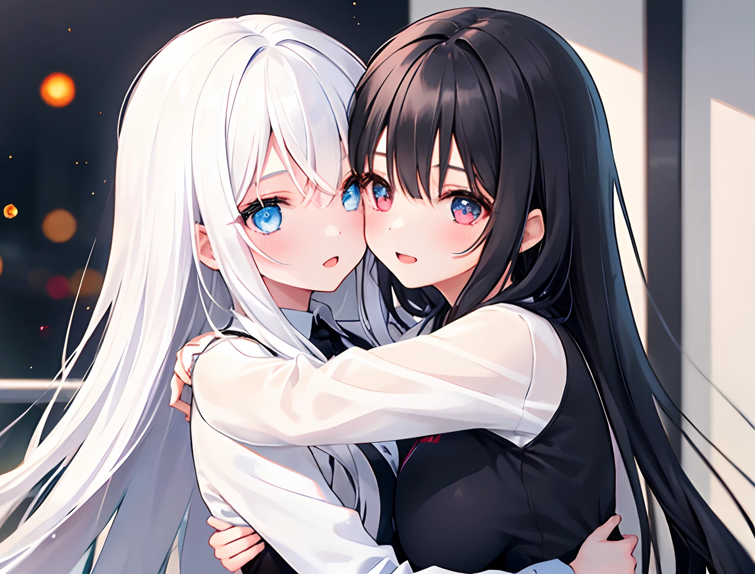 2girls，Girl1：adolable，Black color hair，long whitr hair，girl 2：White color hair，long whitr hair， hugs，Breast fit