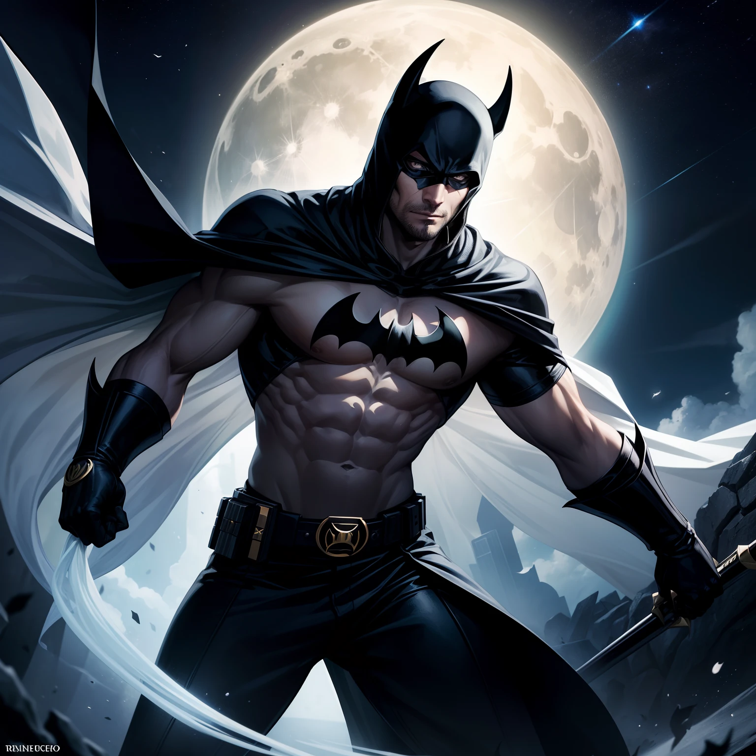Imagine um vigilante sombrio e misterioso, born out of the fusion between Marvel's enigmatic Moon Knight and the ruthless Batman. This extraordinary being radiates an aura of mystery and determination, wearing a costume that combines elements characteristic of both heroes.
His body is slender and agile, refletindo a destreza do Batman, com a postura altiva do Cavaleiro da Lua. His gaze is intense and deep, revelando a dualidade de sua natureza, enquanto sua capa negra flui como uma sombra sinistra.
The costume is a remarkable fusion of the Moon Knight and Batman costumes, with touches of black and white that create dramatic contrast. The symbol of the crescent moon appears on the chest, matching the iconic bat shape, creating a unique emblem that represents the union of the two heroes