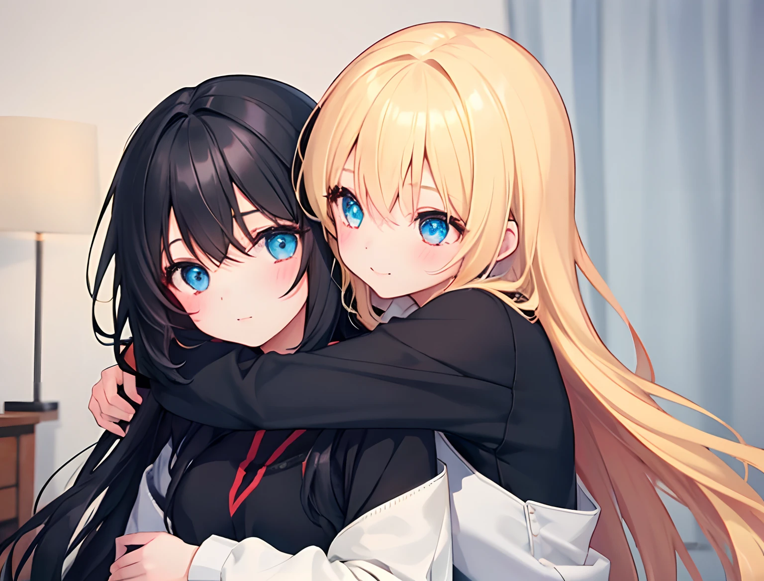 2girls，Girl1：，adolable，black color hair，long whitr hair，girl 2：golden hair，long whitr hair，hugs