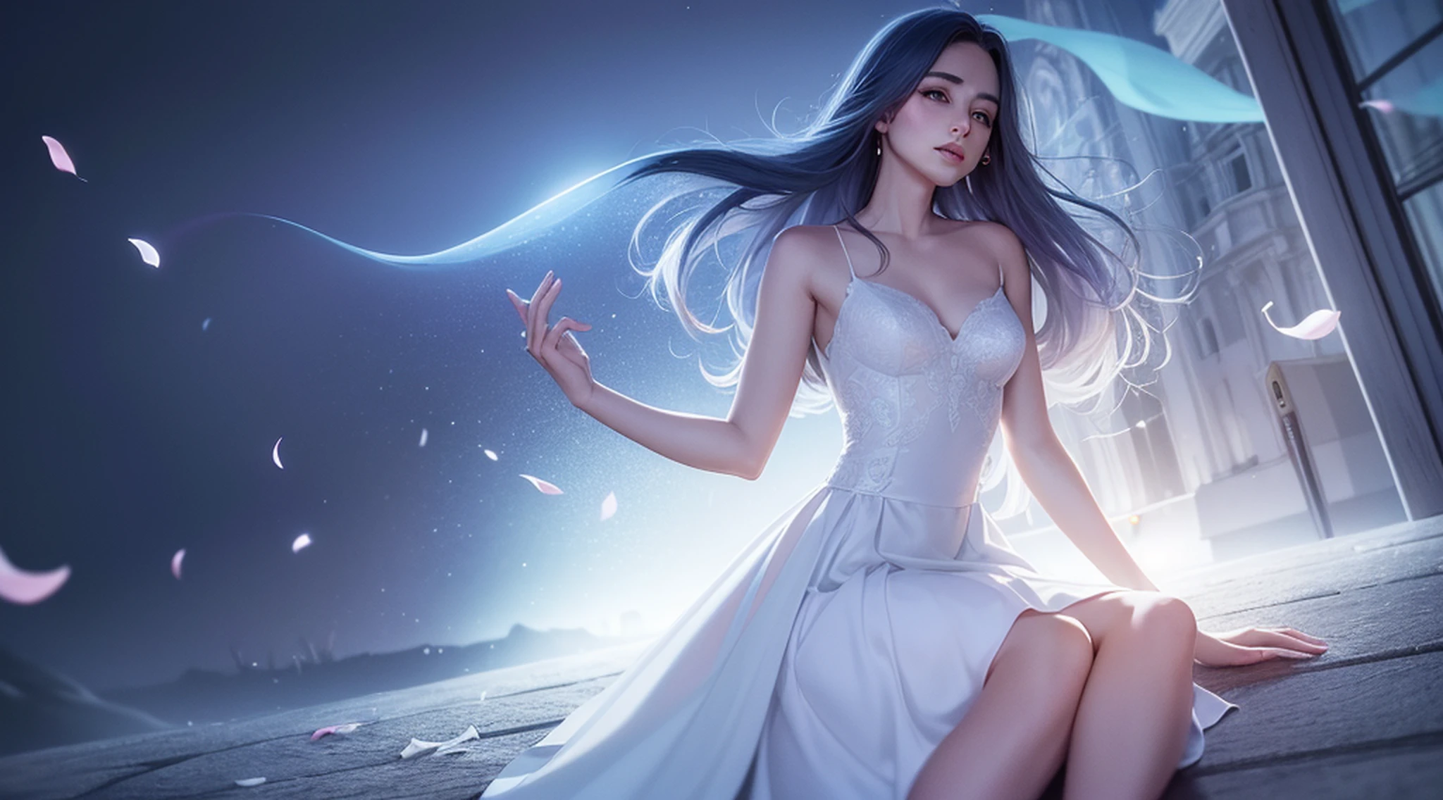 A female Anjo (peitos pequenos, cabelos azul-escuros), obra-prima, melhor qualidade, (papel de parede CG unity 8k extremamente detalhado), (melhor qualidade), (best illustration), (melhor sombra), absurdos, lifelike lighting, (Abyss), lindo brilho detalhado, pose natural, de corpo inteiro, standingn, petals falling, interior, fanning, lanterna, 16K, HDR, highres, campo de profundidade, (grain of film: 1.1), boken, hora dourada, (lens flare), vinheta, rainbowart, (color classification: 1.5)