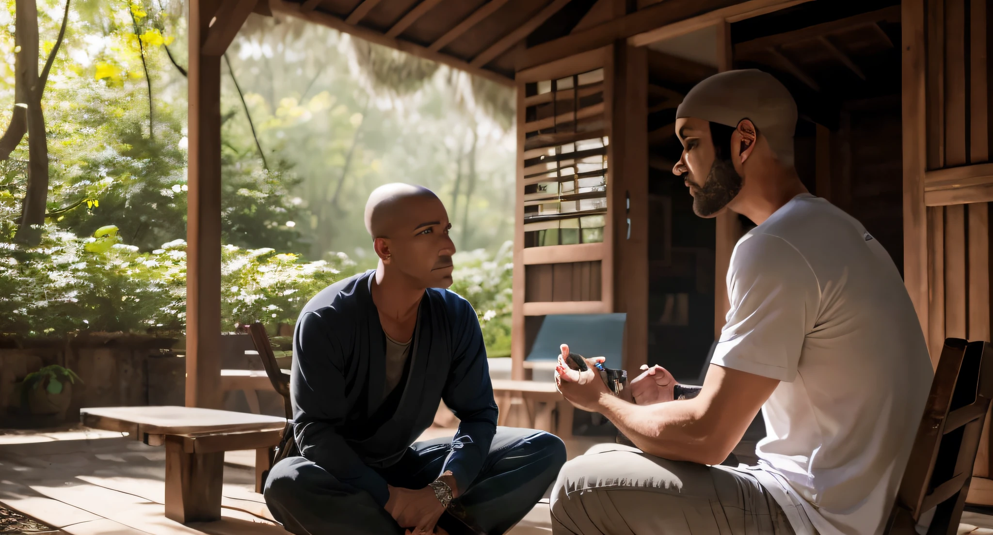 They're sitting on a porch talking to each other, , ainda de um filme live action, Cor ainda, filme ainda 8K, cena do filme live action, calmamente conversando 8k, foto ainda, in a still-cinematic film, foto tirada, filme promocional ainda, Foto de quadro completo, filme de alta qualidade ainda
