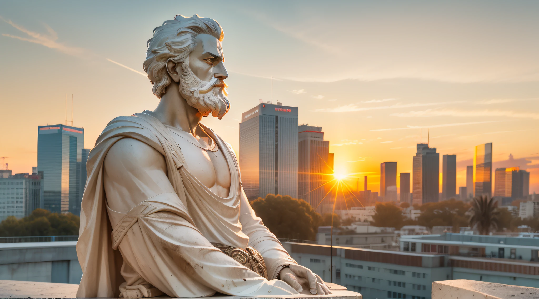 "A marble sculpture of a Greek philosopher, with modern buildings in the background. The philosopher is dressed in a tunic and has a beard. He's looking away, with a thoughtful expression on his face. The background is a modern city, with skyscrapers and cars. The sun is setting on the horizon, and the sky is full of colors."