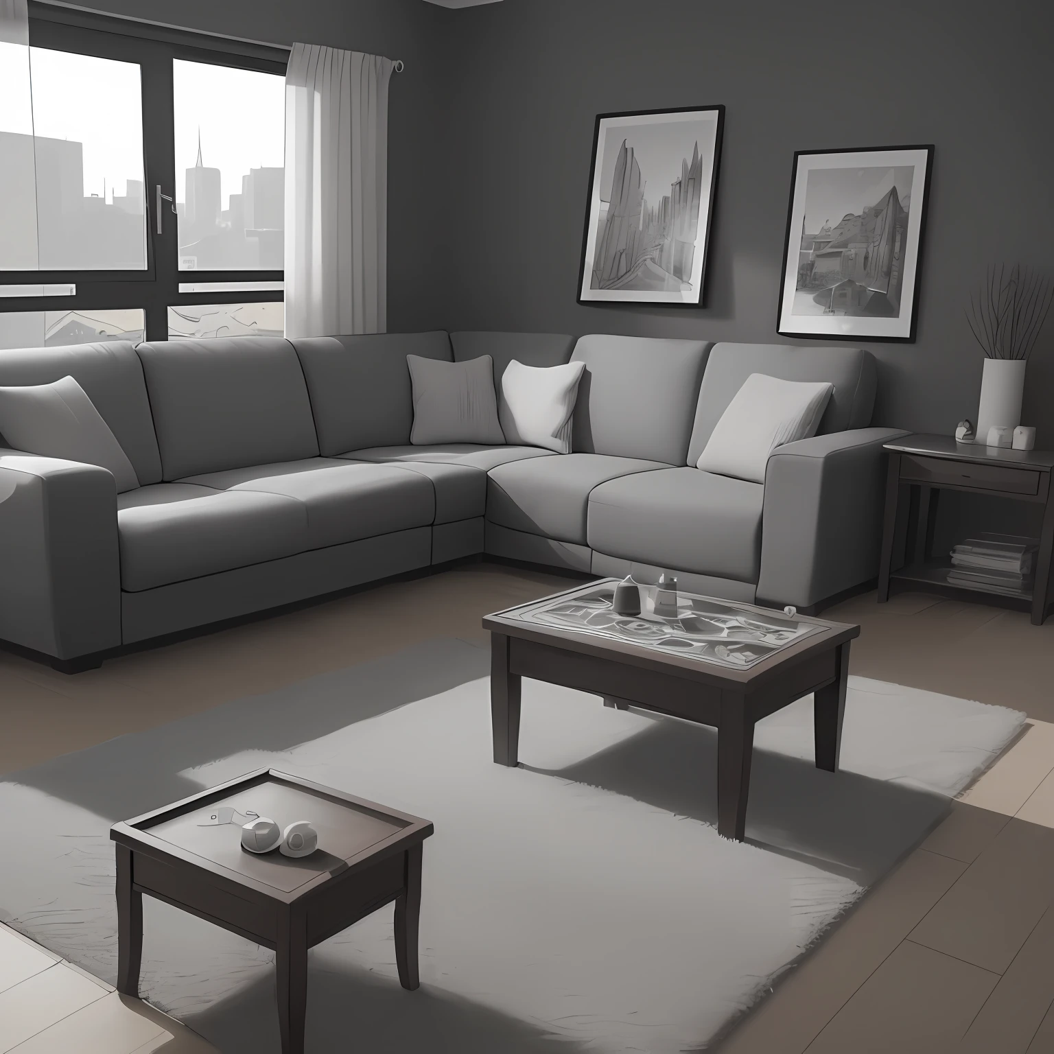 ​masterpiece、top-quality、High-quality images、8K、　　((unmanned、Background with、Precise perspective、line-drawing、Contour extraction、Monochrome grayscale、Moderate shading、Medium omission、Comic style、)):1.4　((Small living room、The table、Not too many sofas、cupboard、cupboard、unmanned))1.5