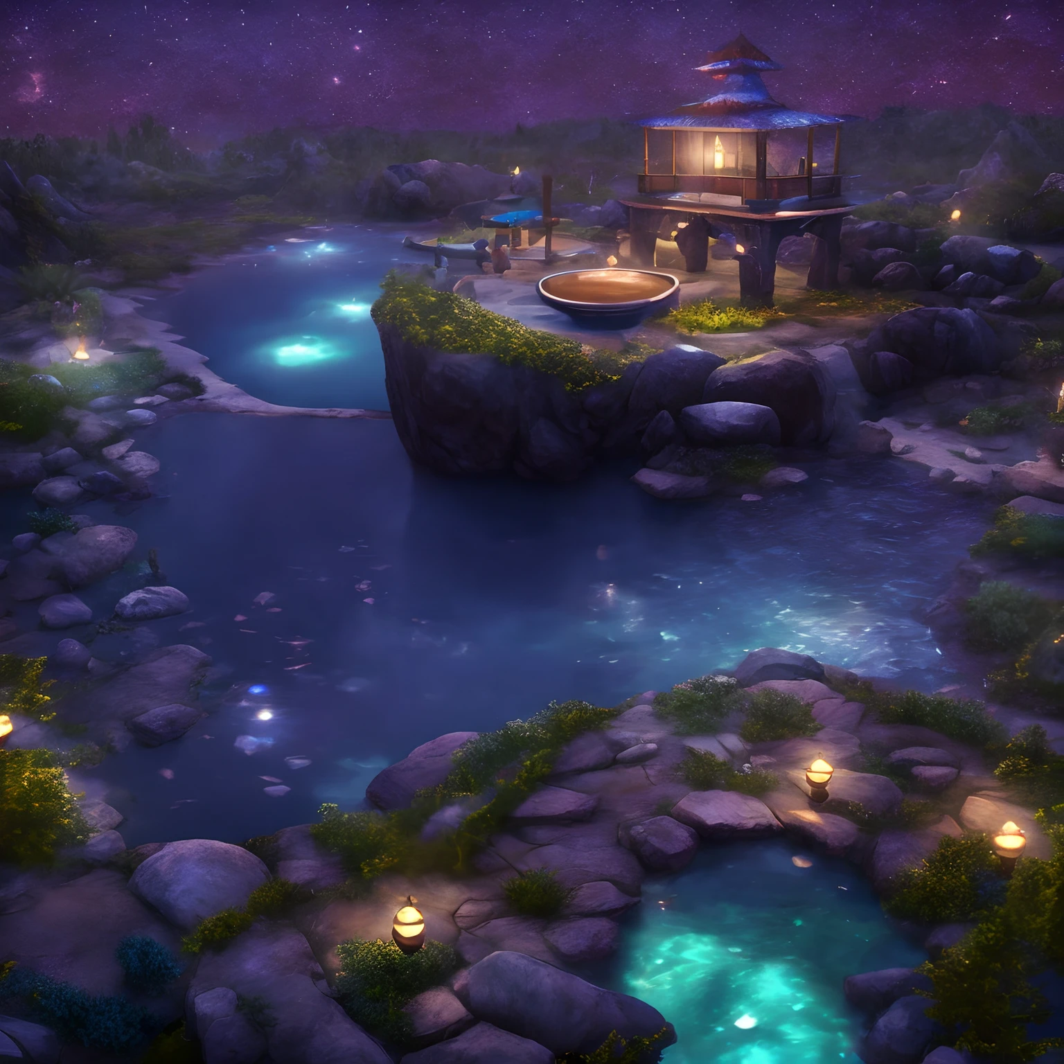 (((masterpiece))) Generate a beautiful secluded (((natural hotspring))) with fantasy and teal water ((at night)). The ((naturally occurring)) hotspring is the main focal point of the image and dominates the space. The hotspring is large and vaguely circular and is surrounded by interesting rocks and other natural accents. Including floating lights, fantasy shimmer, fantasy glimmer, fantasy colors, and a heavy fantasy forest setting. The ambience is tranquil and serene. This artwork is of the highest quality and mimics current masters of the genre as well as utilizing top trends from platforms like Midjourney and ArtStation. This is a very interesting and beautiful fantasy image. Include iridescence, complex details, and magical details. (Official movie art), CGI, high quality, best quality, unity, unreal engine