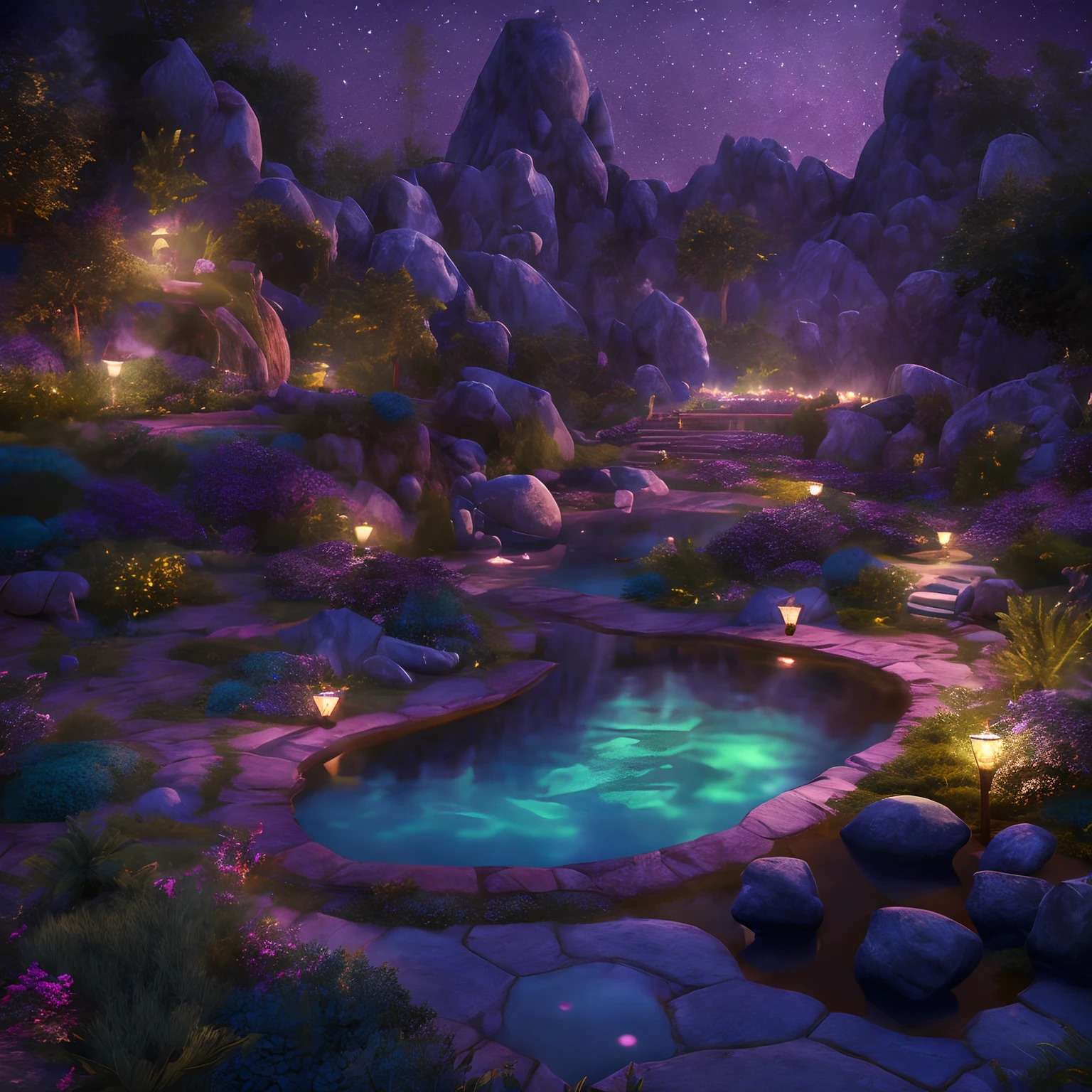 (((masterpiece))) Generate a beautiful secluded (((natural hotspring))) with fantasy and teal water ((at night)). The ((naturally occurring)) hotspring is the main focal point of the image and dominates the space. The hotspring is large and vaguely circular and is surrounded by interesting rocks and other natural accents. Including floating lights, fantasy shimmer, fantasy glimmer, fantasy colors, and a heavy fantasy forest setting. The ambience is tranquil and serene. This artwork is of the highest quality and mimics current masters of the genre as well as utilizing top trends from platforms like Midjourney and ArtStation. This is a very interesting and beautiful fantasy image. Include iridescence, complex details, and magical details. (Official movie art), CGI, high quality, best quality, unity, unreal engine