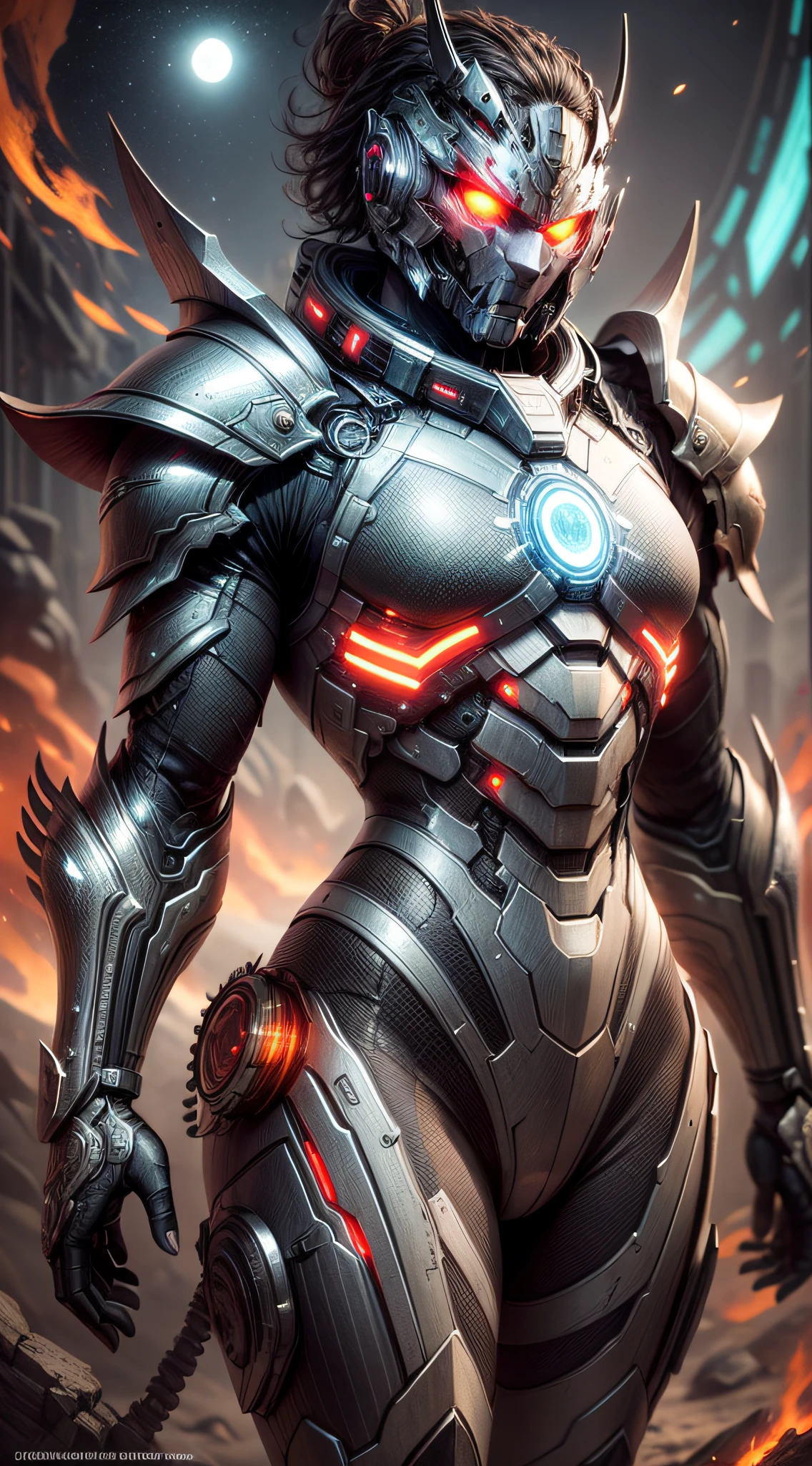 ((masterpiece)), ((best quality)), (ultra-detailed), ((extremely-detailed)), (((1Man))), full body, frontal, warrior, fully armored, Nanotechnology, biotechnology , high-tech futuristic armor, eyes emitting a deep red glow, eyes emitting a fire glow, body with intricate tron circuitry, intricately detailed neon lighting, barren moonlit desert background, full moon high quality, 16k,