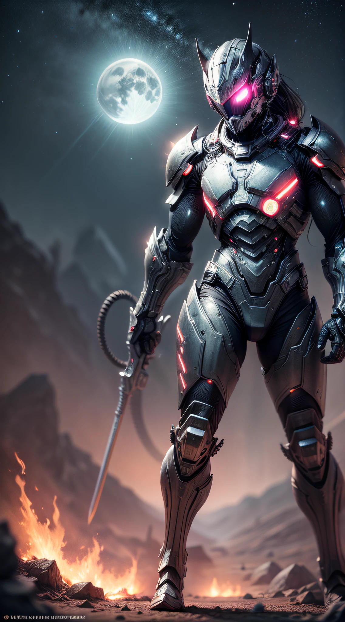 ((masterpiece)), ((best quality)), (ultra-detailed), ((extremely-detailed)), (((1Man))), full body, frontal, warrior, fully armored, Nanotechnology, biotechnology , high-tech futuristic armor, eyes emitting a deep red glow, eyes emitting a fire glow, body with intricate tron circuitry, intricately detailed neon lighting, barren moonlit desert background, full moon high quality, 16k,