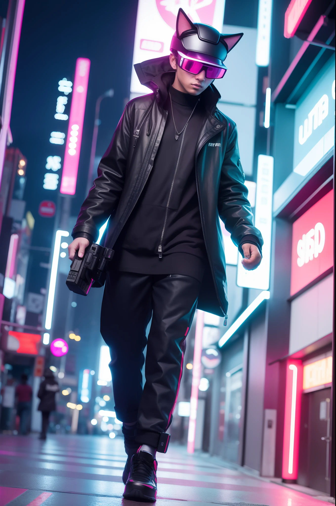 Illustrate a cyberpunk cat wearing a sleek, high-tech hat, Equipped with augmented reality glasses and prowling down a neon-lit urban alley.