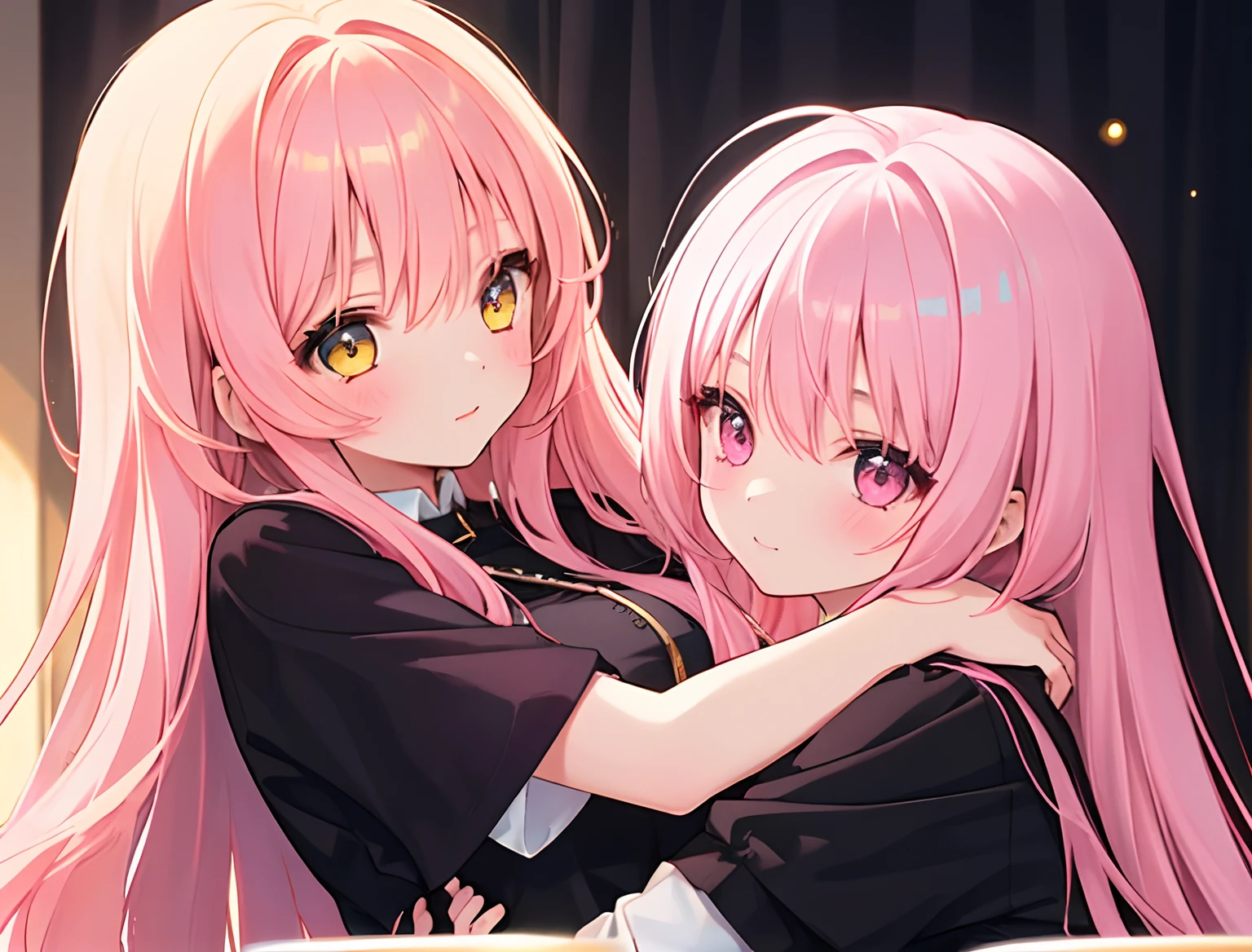 2girls,Girl1:,adolable,Pink hair,long whitr hair,girl 2:Golden hair,long whitr hair,hugs