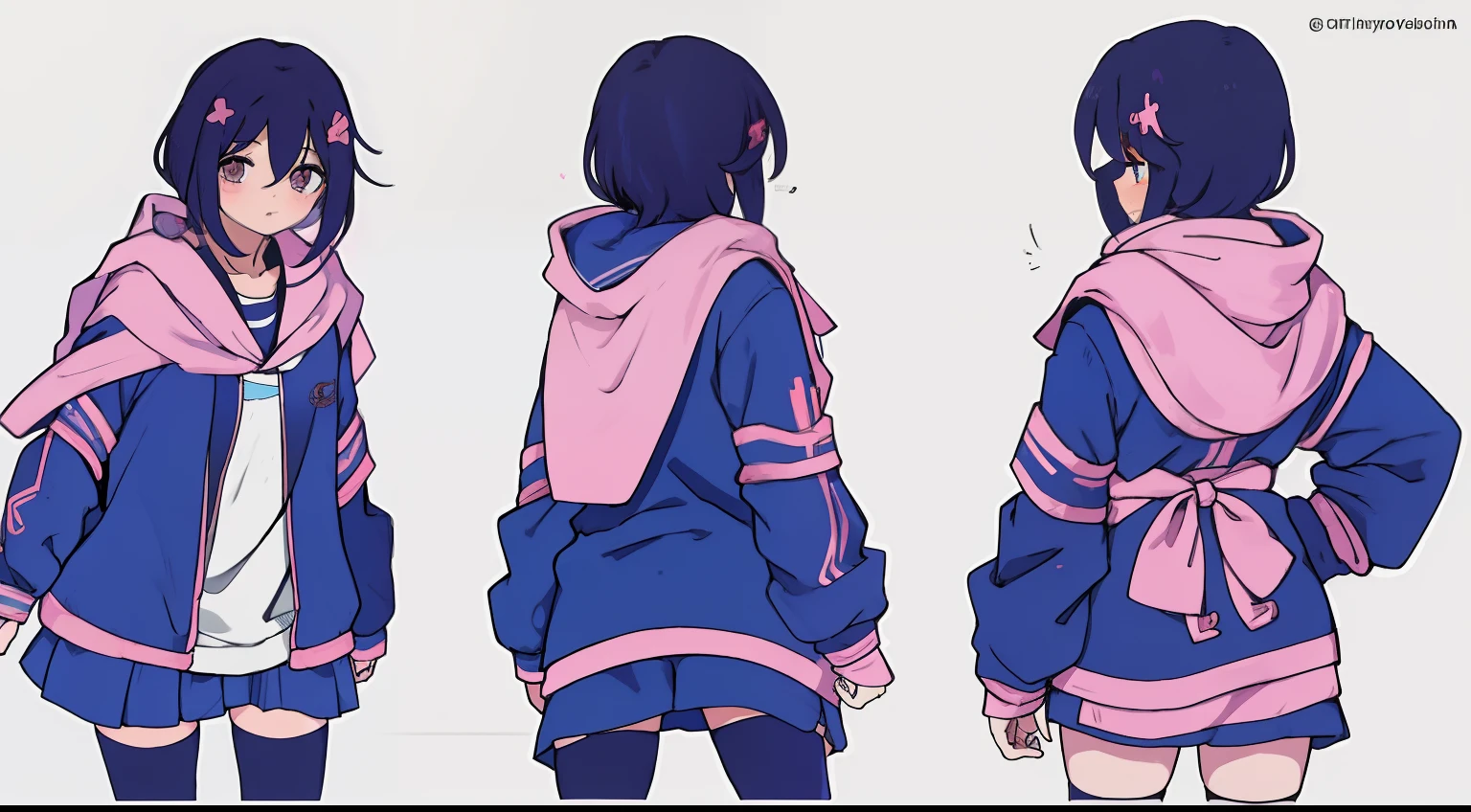 Chica anime, Cabello rosado corto, sudadera con capucha rosa, falda azul, Legwear negro, gargantilla, llanto, acostado en el suelo, multiple views