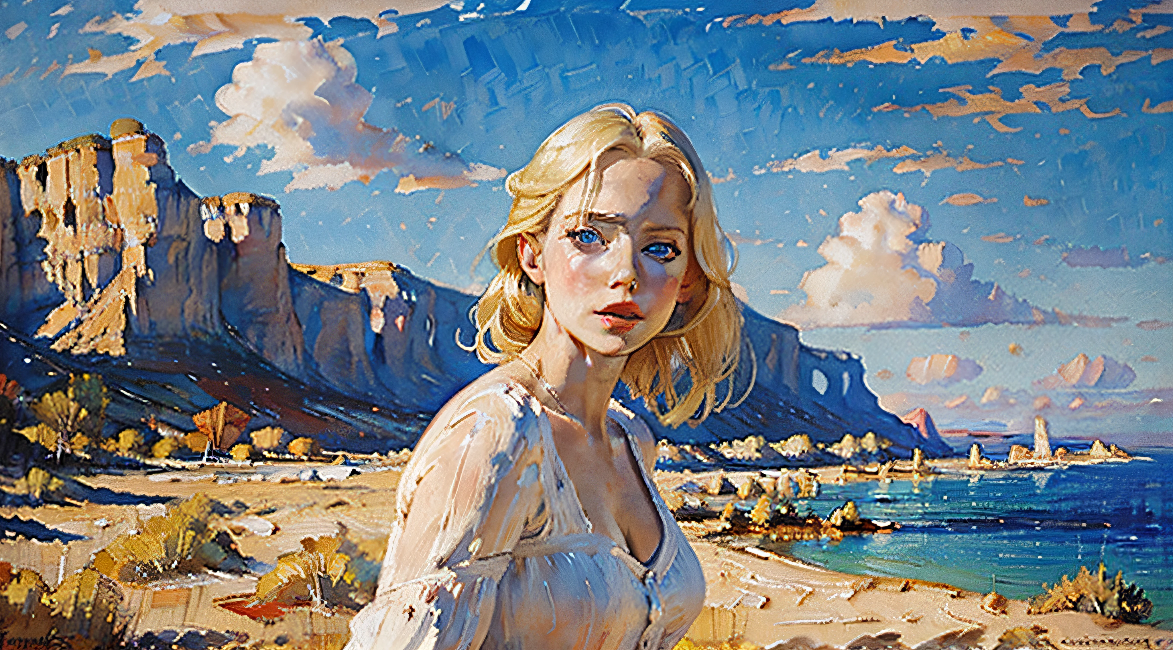 Beautiful white woman, blond hair, blue eyes, red lips,  blue sky in  Background,  head and shoulders portrait, dynamic lighting, intricately detailed,  triadic colors, volumetric lighting, oil on canvas, oil painting by James Gurney, oil painting, acrylic painting, palette knife, watercolor, muted color, golden hour