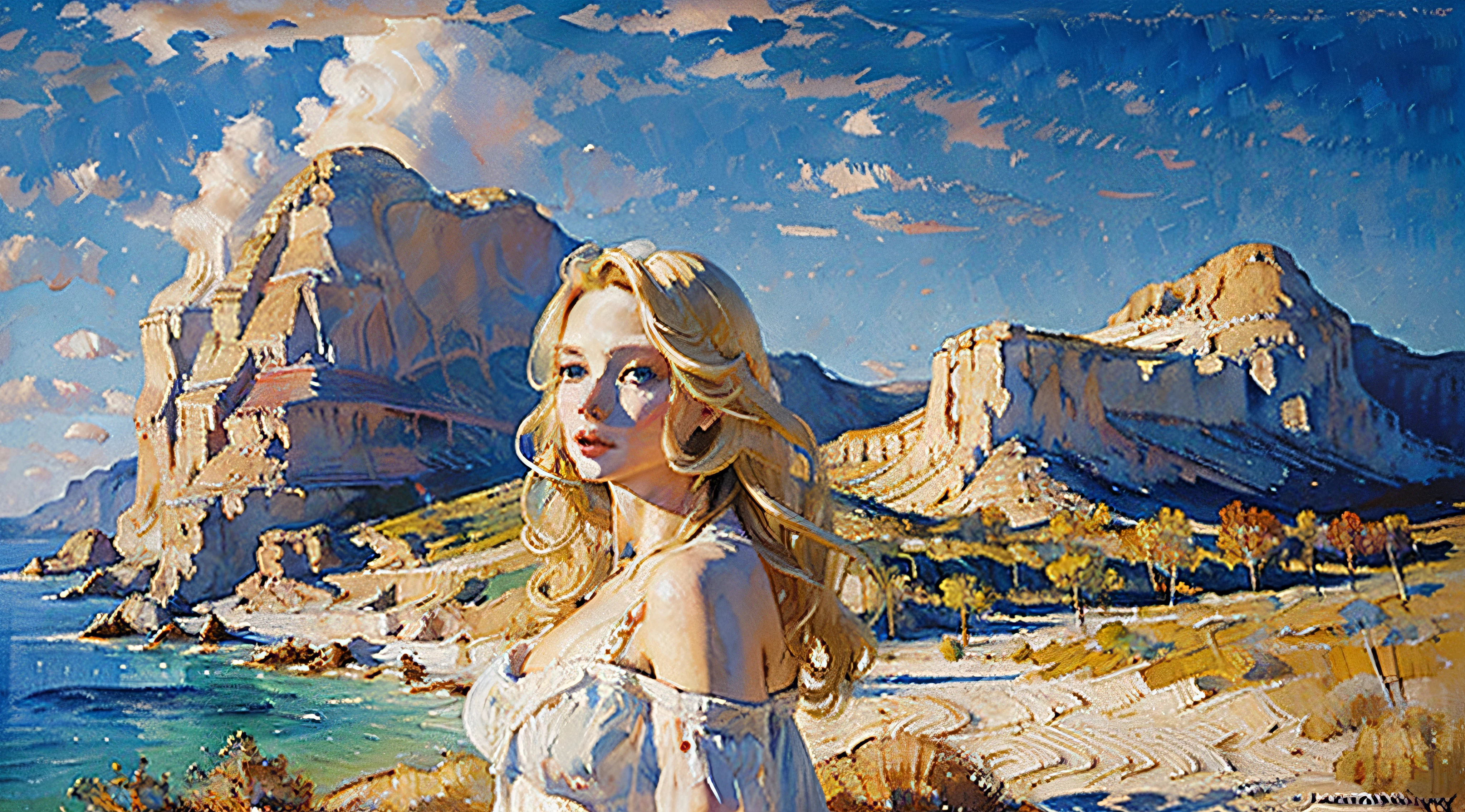 Beautiful white woman, blond hair, blue eyes, red lips,  blue sky in  Background,  head and shoulders portrait, dynamic lighting, intricately detailed,  triadic colors, volumetric lighting, oil on canvas, oil painting by James Gurney, oil painting, acrylic painting, palette knife, watercolor, muted color, golden hour