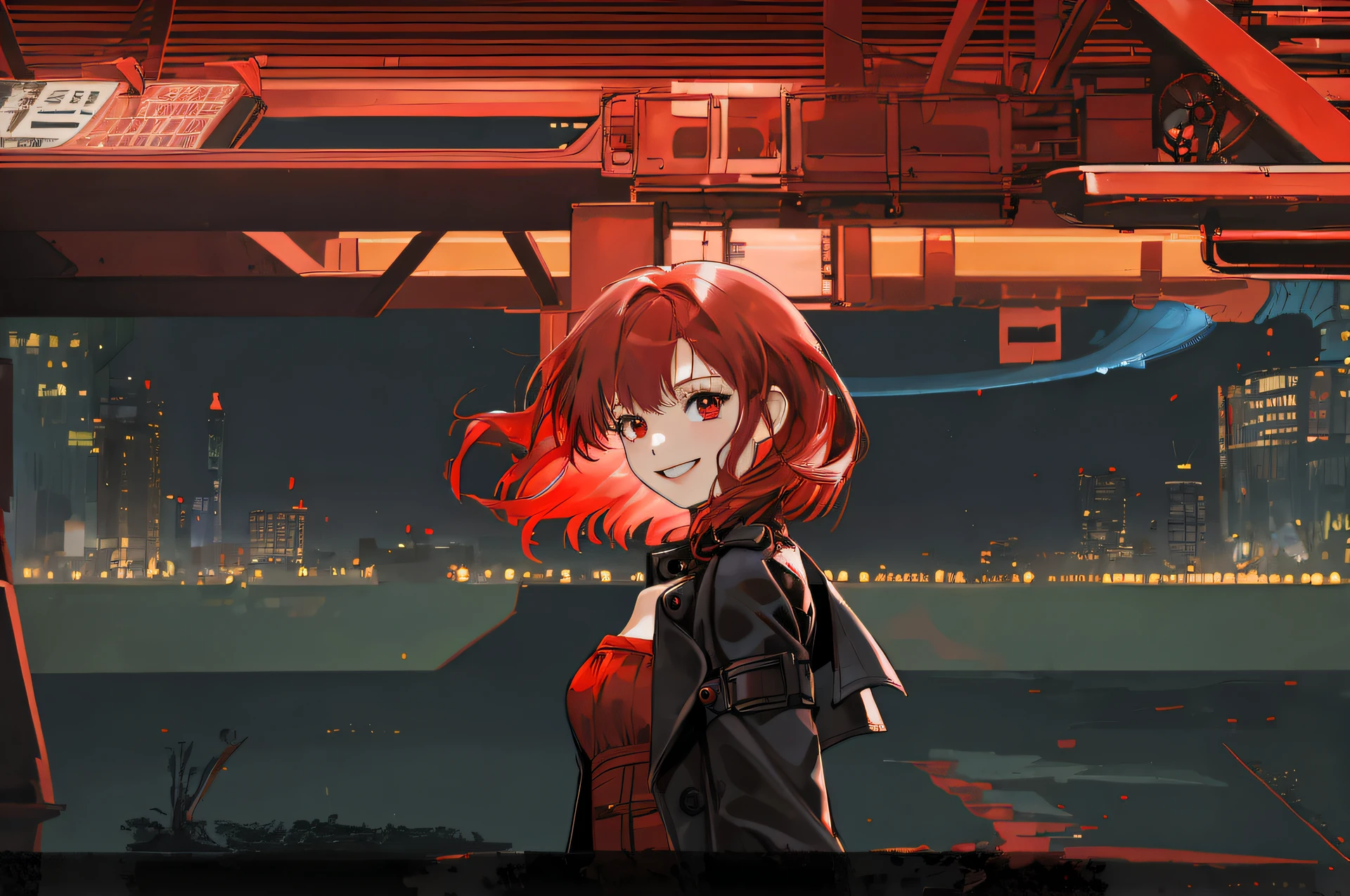 1girl, (petite), small breasts, red hair, red eyes, medium hair, bangs, trench coat, red dress, strapless, (intricate dress), genuine smile
