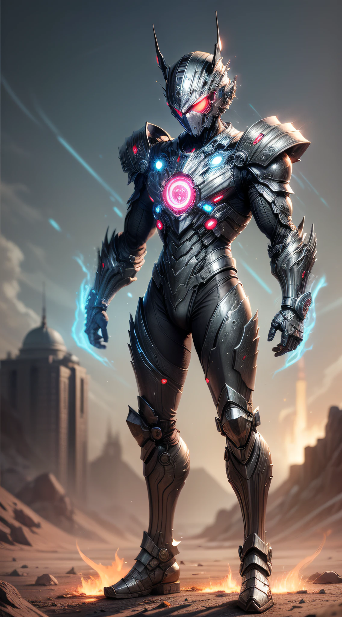 ((masterpiece)), ((best quality)), (ultra-detailed), ((extremely-detailed)), (((1Man))), full body, frontal, warrior, fully armored, robust, extremely powerful, Nanotechnology, biotechnology, high-tech futuristic armor, eyes emitting a deep red glow, eyes emitting a fire glow, body with intricate tron circuitry, intricately detailed neon lighting, barren moonlit desert background, full moon high quality, 16k ,