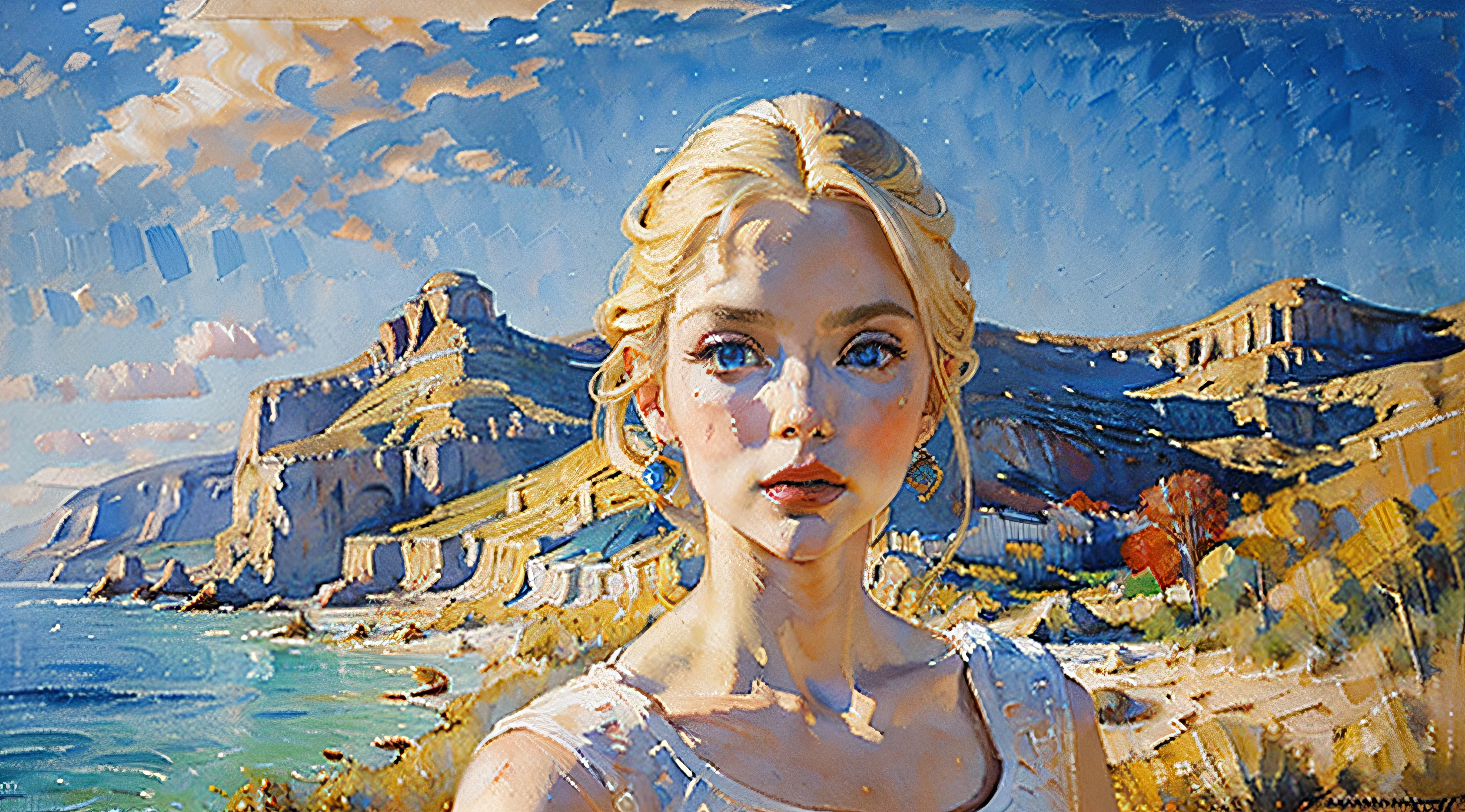 Beautiful white woman, blond hair, blue eyes, red lips,  blue sky in  Background,  head and shoulders portrait, dynamic lighting, intricately detailed,  triadic colors, volumetric lighting, oil on canvas, oil painting by James Gurney, oil painting, acrylic painting, palette knife, watercolor, muted color, golden hour