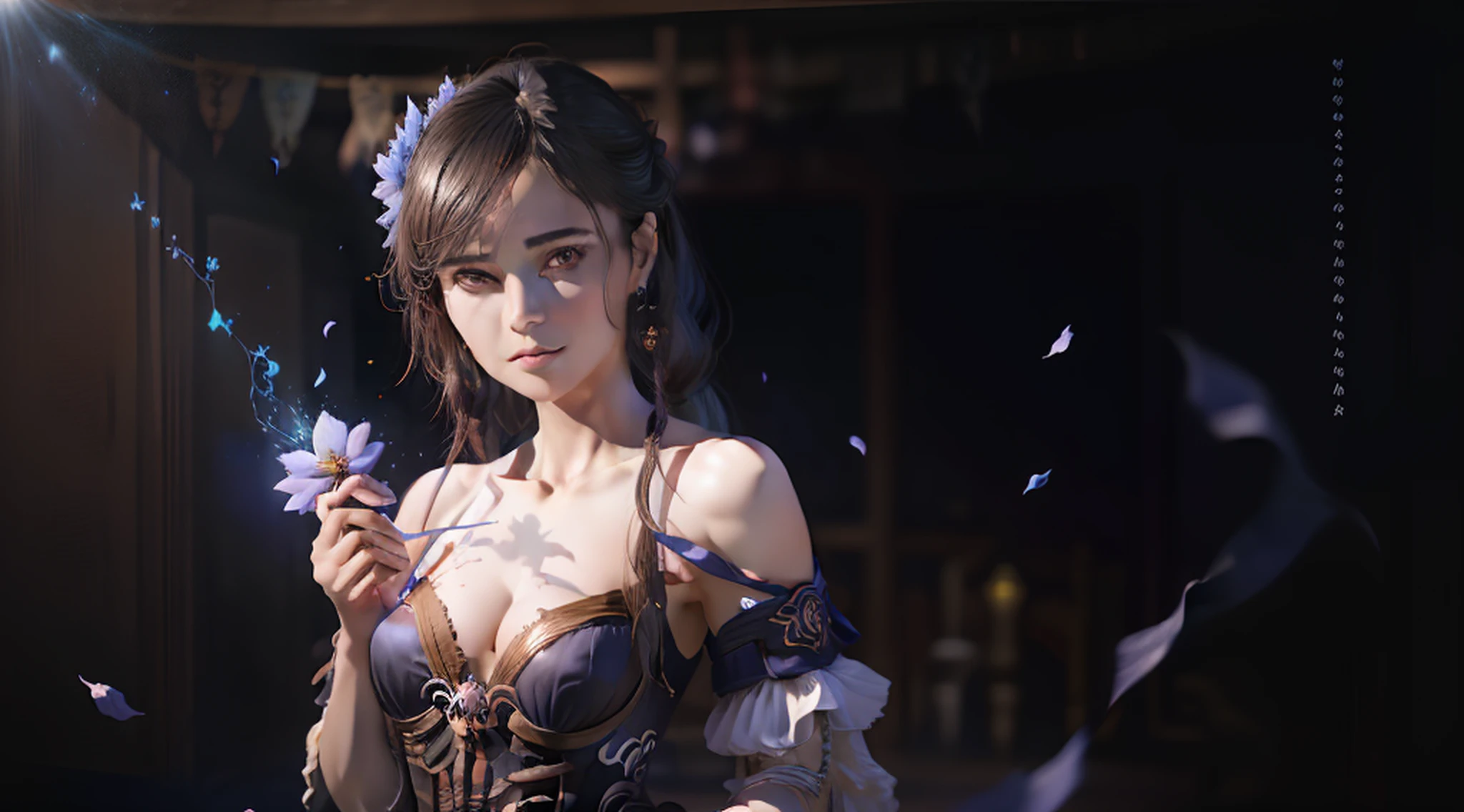 A female succubus (peitos pequenos, cabelos azul-escuros), obra-prima, melhor qualidade, (papel de parede CG unity 8k extremamente detalhado), (melhor qualidade), (best illustration), (melhor sombra), absurdos, lifelike lighting, (Abyss), lindo brilho detalhado, pose natural, de corpo inteiro, standingn, petals falling, interior, fanning, lanterna, 16K, HDR, highres, campo de profundidade, (grain of film: 1.1), boken, hora dourada, (lens flare), vinheta, rainbowart, (color classification: 1.5)