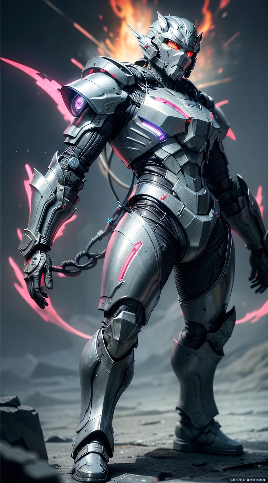 ((masterpiece)), ((best quality)), (ultra-detailed), ((extremely-detailed)), (((1Man))), full body, frontal, warrior, fully armored, robust, extremely powerful, Nanotechnology, biotechnology, high-tech futuristic armor, eyes emitting a deep red glow, eyes emitting a fire glow, body with intricate tron circuitry, intricately detailed neon lighting, barren moonlit desert background, full moon high quality, 16k ,