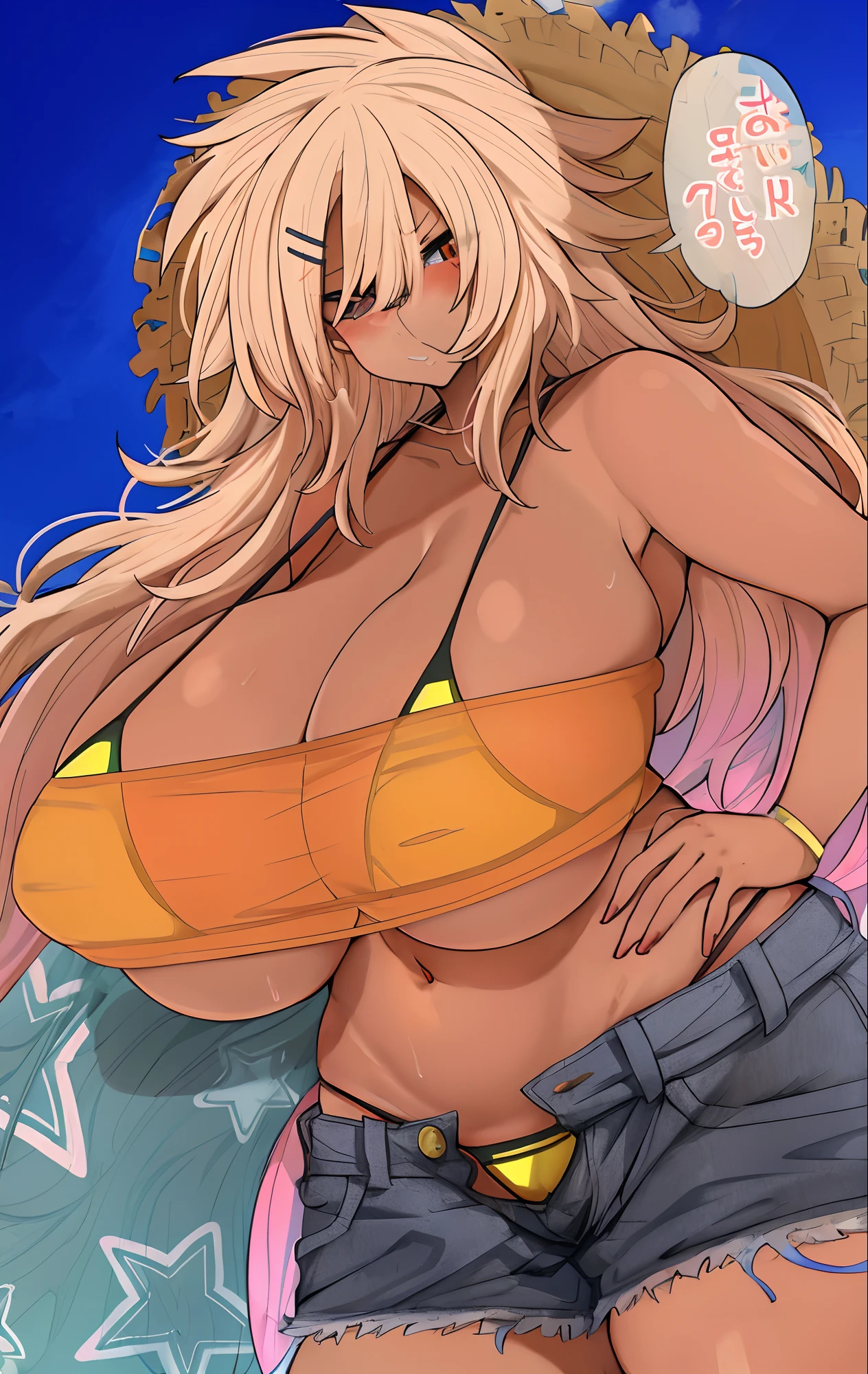 anime girl with a big breast in a bikini and shorts, commission for high res, at the beach, small curvy , oppai, big breasts!!, at a beach, commission for, breasts covered and sfw, beaching, big breasts!, thicc, sie boob, sfw huge breasts, kantai collection style, by Kamagurka