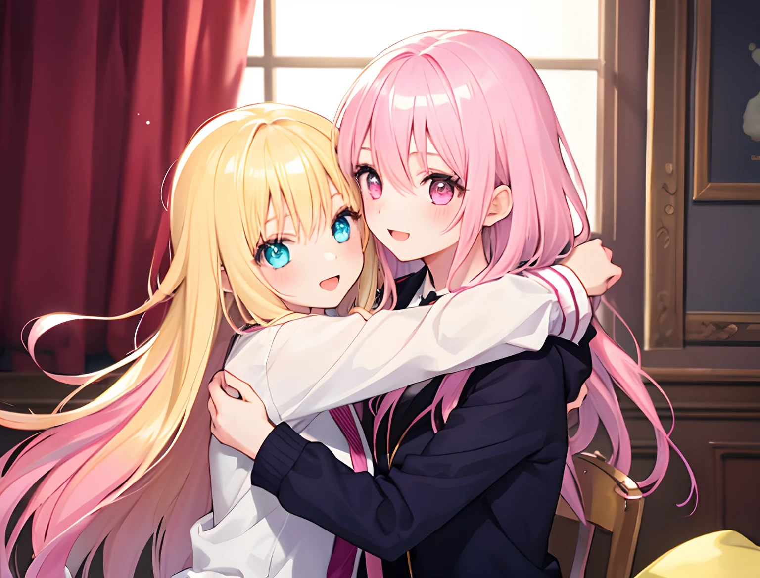 2girls，Girl1：adolable，Blonde hair，long whitr hair，girl 2：Pink hair，long whitr hair， hugs