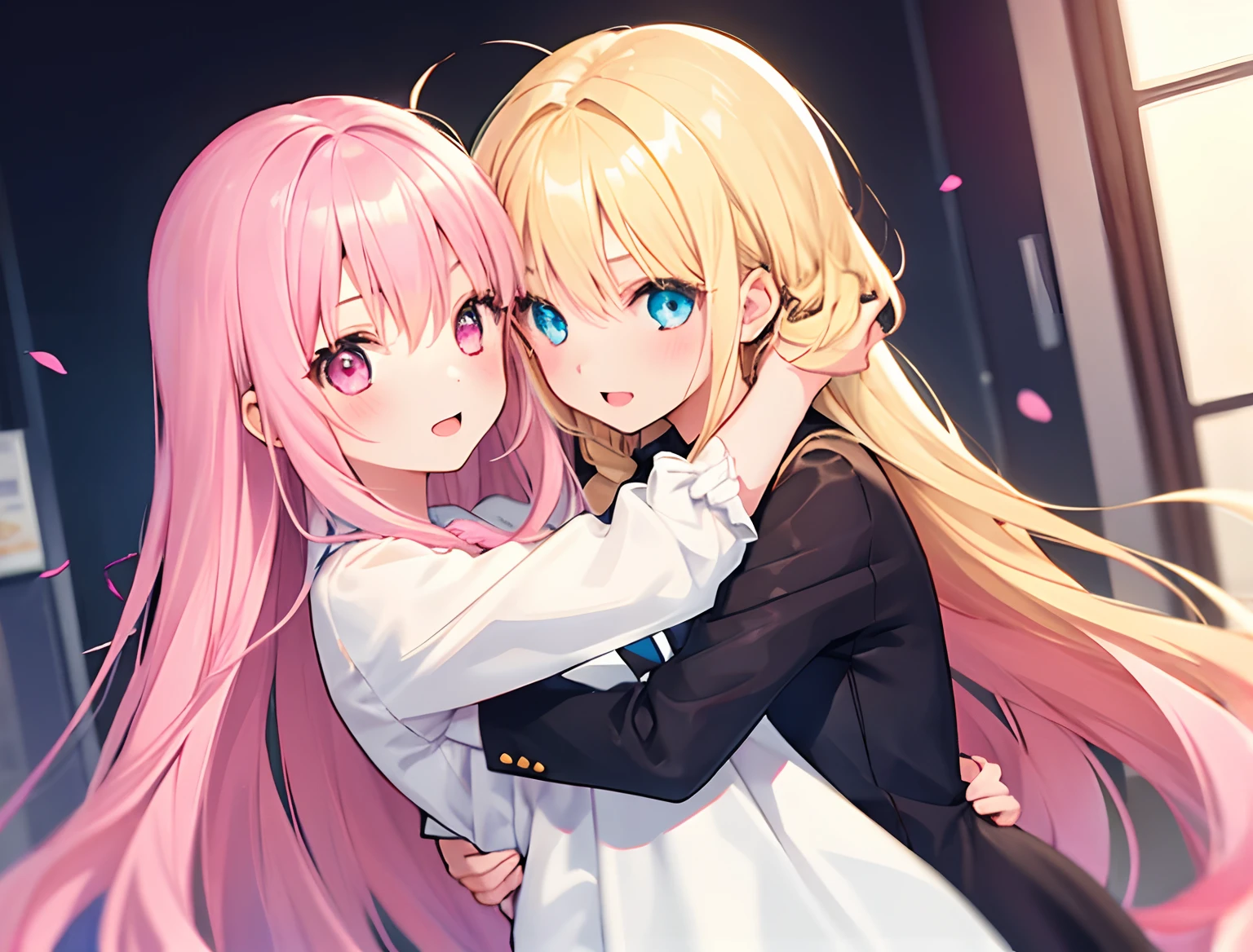 2girls，Girl1：adolable，Blonde hair，long whitr hair，girl 2：Pink hair，long whitr hair， hugs