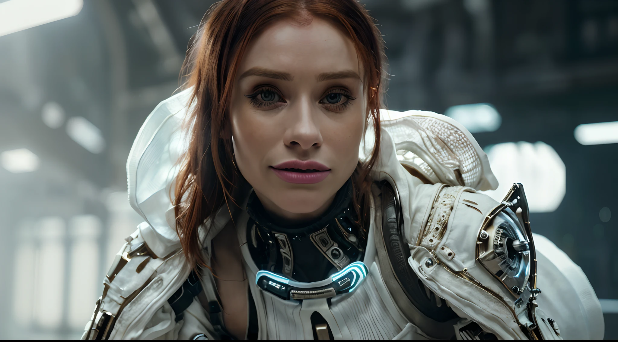 (8k, ARTISTIC photography, best quality, masterpiece: 1.2), (realistic, photorealistic: 1.37), over-detailed, low angle shot (high-detail skin: 1.2), 8k uhd, SLR camera, soft lighting, high quality, film grain, Arri Alexa, cinematic lighting, photonic display, brightness, physically rendered photo (female cyberpunk hacker IN A futuristic space station), cute face, (( cute smile)), over-detailed face, (((Bryce Dallas Howard))), (( white dress )), ((( rick owens style dress )), ((( intricate outfits))), posing, ghetto (((pure 8K))), (((perfect anatomy))) voluptuous body, thick thighs, extremely high-quality graphics, Riddley Scott, Blade Runner, Denis villeneuve (((cinematic lighting))), ((clear details)), ((syd mead)) complex, highly detailed background, ((medium close up))